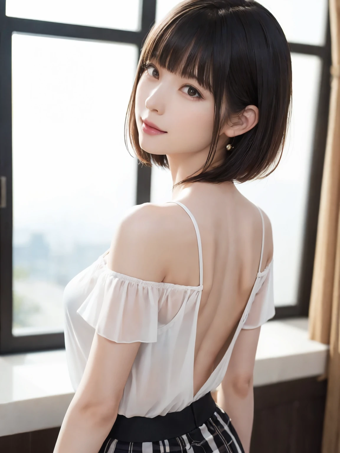 (From the back:1.4、Tabletop:1.4、highest quality:1.4、Best image quality:1.4、Cute beautiful adult woman, Adult smile:1.4、Beautiful Teeth、Lip gloss、Short Brunette Bob、Shiny shiny hair、Has shiny bangs:1.4、bangs:1.4、length, shiny shorthair、length neck:1.4、Show me your ears、Tall Supermodels、Broad shouldered supermodel、{Huge|big|Huge|Mega} chest, Beautiful chest have cleavage)、(very beautiful back、Cute school girl、Off-the-shoulder white see-through shirt、Checkered sheer loop pleated short skirt、28 years old)、Very cute and attractive woman、very beautiful back、Perfect Anatomy