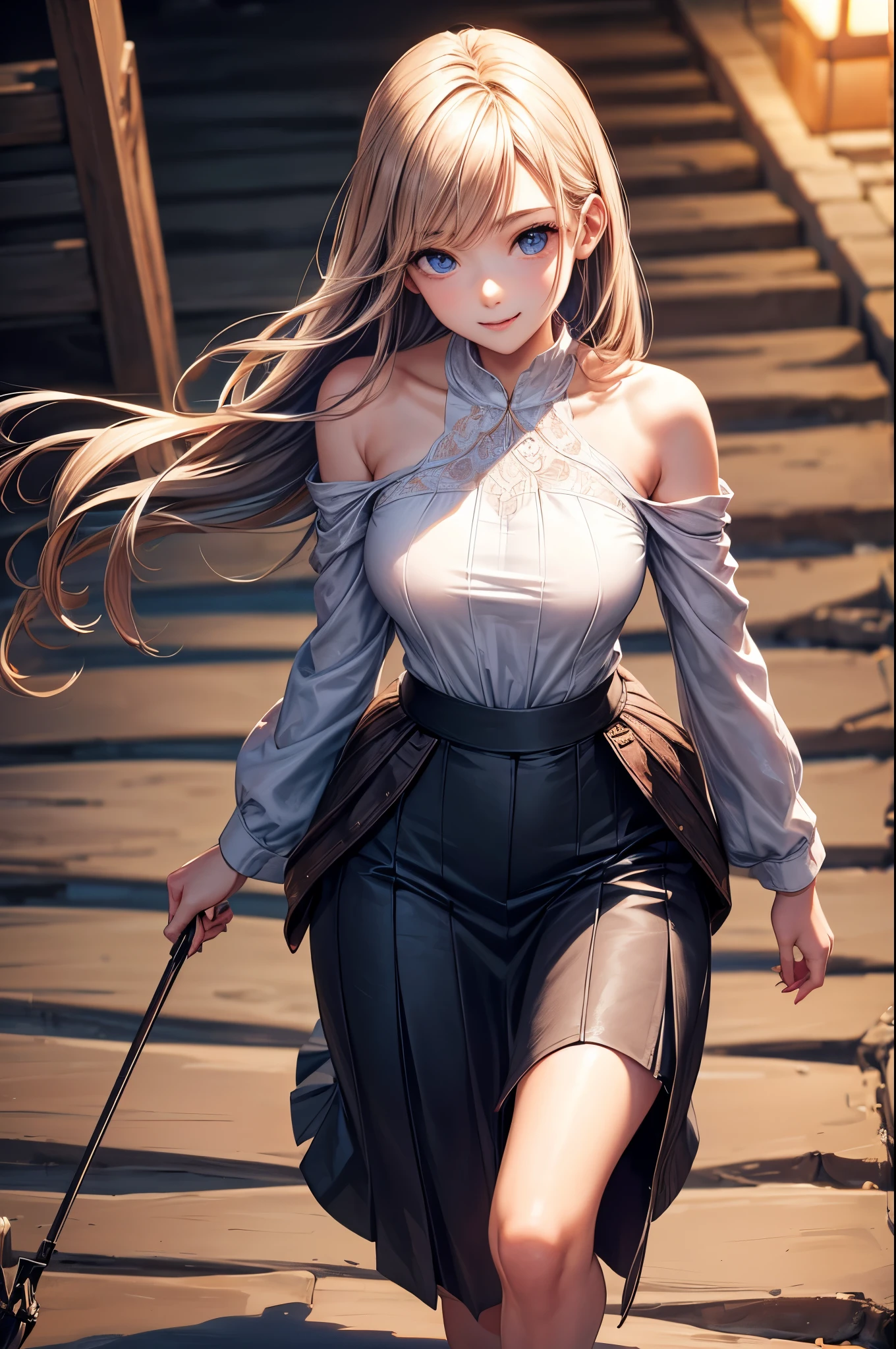 ((Biologically correct limb count))、(( Illustrations including faces))、4K、Masterpiece、((Focus on the face))、((Symmetrical, well-proportioned facial features))、Eyes with delicate depictions、Beautiful woman、Outstanding style、Slender Body、(General's clothes、High heels、((skirt)))、(Smile and look up)、((Upper body close-up))、(((walking along the beach at night)))、(((Realistic photo)))、