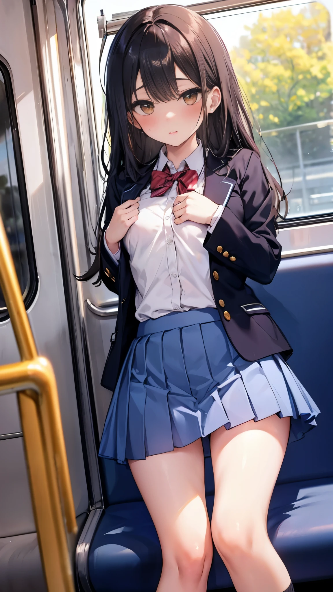 (Tabletop, highest quality:1.2)、Realistically、cute、cute、Digital Art、An innocent 18-year-old girl、(Girl on a crowded train)、(Standing in front of the door)、(Girl looking backwards out the door)、(Place your hand on the window pane)、Huge 、plump、serafuku、Sailor suit、Sailor suit、Navy blue pleated mini skirt、White panties、(White socks, loafers and a school bag on the floor、Voluminous straight long hair、Shiny Hair、(back)、(View from behind)、Full Body Lesbian、(From below:1.4)、Ass Focus、(Panty shot)、avert your eyes、curiosity々smile at, (((Shiny skin))), (((Butt crack)))