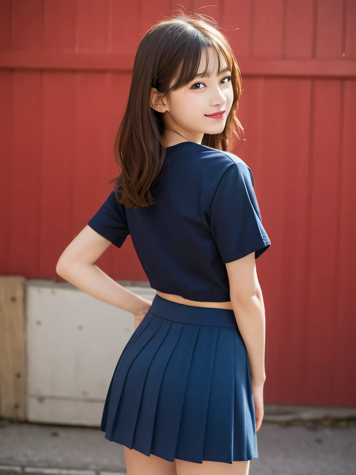 In detail,Full body photo、 One high school girl、High resolution, high quality、Slim body、Perfect dynamic composition, Beautiful fine details, Short Hair、Natural color lip,Kamimei、14-year-old girl、Clear Skin、Navy blue sailor suit with short sleeves、Green mini skirt、Thighs、Shiny Hair、最high quality, figure, Very detailed, In detail, High resolution, 8k、The correct state of the human body、Sculpture model pose，Red Wall,Looking at the viewer with his back turned、Thighs are visible、smile、