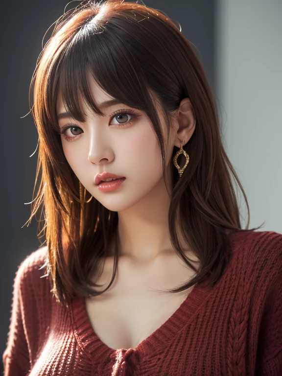 ((Shortcuts)),((highest quality)), Realistic, Very detailed, In detail, ((High resolution)), 8K,、Her chest is visible when she pulls up her sweater 、close up、(Bust size 85cm)