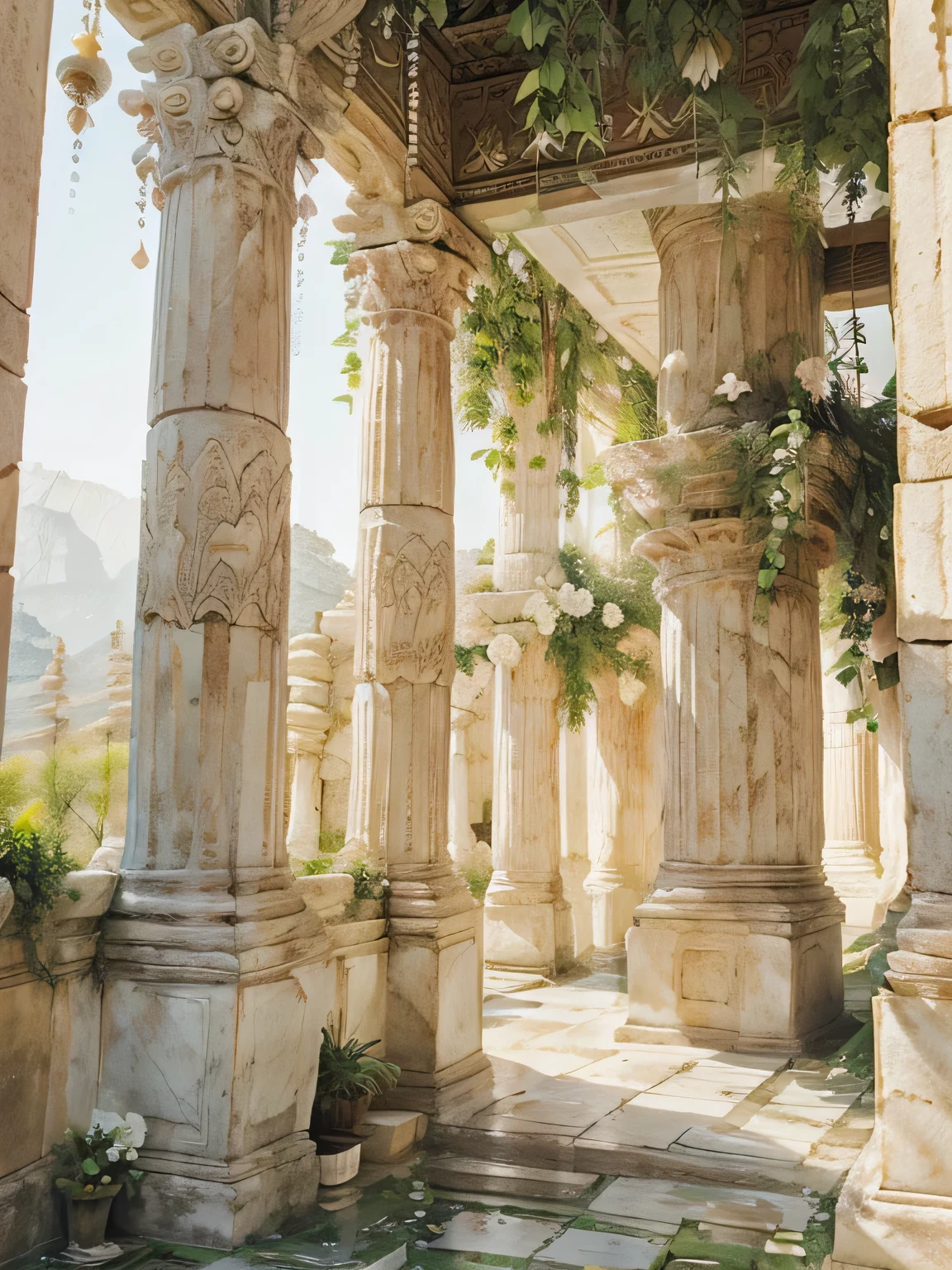 In front of it was a white, The palace of clean Greek temple with intricately carved pillars decorated with brightly colored flowering vines. This palace was not very large, but it looked like it had been combined with many temples until it looked as tall as a mountain. However, there were large trees growing through the temple, creating shade.

The sunlight that shines down through the palace's canopy creates a mesmerizing work of art. Ancient marble statue carvings that have been eroded by the rain have left traces of time.