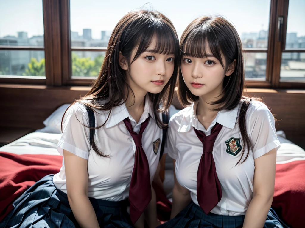 (RAW photo, 4k, masterpiece, high resolution, extremely complex) (realistic: 1.4), cinematic lighting
 ((2 girls, 2 schoolgirls)),Slam Dunk's,blushing,((innocent)),bright eyes,round eyes,blunt bangs,short bob hair, black hair color,black hair,large breasts,wide hips,Summer Noon, ,Hot, (Best Quality), (Highres), (an Extremely Delicate and Beautiful),(Beautiful 8k face),(Brown eyes),( spectators),(gigantic breasts),(Play with each other,Touching each other's bodies,Touching the body),(Japanese high school uniform:1.3),blue skirt,(reality),bright lighting,(The background is a luxury hotel room)