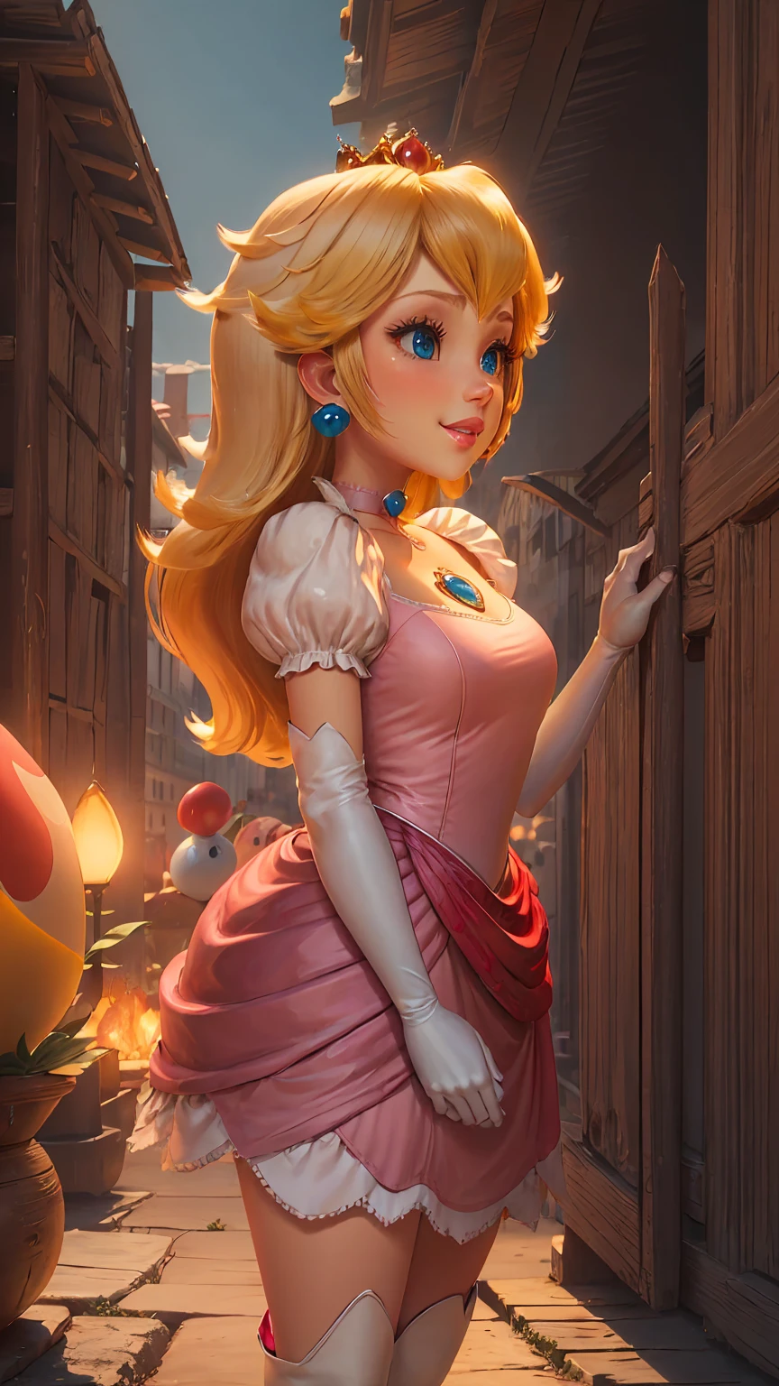 highres, masterpiece, perfect ligthing, bloom, cinematic lighting, adult, perfect skin, female, from side, cowboy shot, smile, narrow waist, skinny, (PrincessPeach), (Princess Peach), (Pink Dress), detailled eyes, blue eyes, choker, sensual, mushrooms,mushroom kingdom, pink lips, ((glossy lips)), pursed lips, pink pumps, glossy skin, oily skin, beautiful light, (day:1.3), bright,