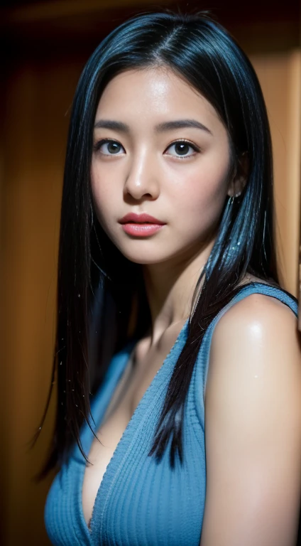 (((32ｋ,High detail,High definition、masterpiece,Attention to detail,Esbian all over,solo))),RAW Photos & Realistic atmosphere,美しい濃いblue eyes,Mouth details,Glossy lips,Fine eyebrows,With soft white skin that shines in every detail、Detailed eyes、blue eyes,Very beautiful eyes,Detailed lips、Very beautiful face,Very well-formed face、A vivid face,Beautiful, shining lips, Realistic Young Gravure Idol, Very beautiful school girl, , Young Sensual Gravure Idol, Young Gravure Idol, Beautiful and cute adult１6 years old ,The whole body is wet,Dripping,Blushing,Very beautiful, Sexy and classy１6 years oldの女の子,Medium-long brown shiny hair,Wet hair,Dripping水,Dripping,(Looking into the camera：1.4）,（darkness,Very dark,Use a flashlight to illuminate an object in a dark classroom：1.7）,（Sexy,Healthy and toned body,High Detail High Vision High Vision Japan HDTV Black HDTV High Vision Black High Vision Black High Vision High Vision Black High Vision High Vision Uniform,well-shaped chest of medium size,,,Mature Body, I&#39;m so anxious I feel like crying,Watery eyes,Cold Smile,Glare,Glare顔も美しい,High Resolution Arm,,High Resolution Finger,：1.5）,（The chest of the uniform is open,Wearing a classy  uniform in black and red、黒のパンストとSexy脚を身につけて、She is standing upright, shyly lifting her skirt.：1.7）