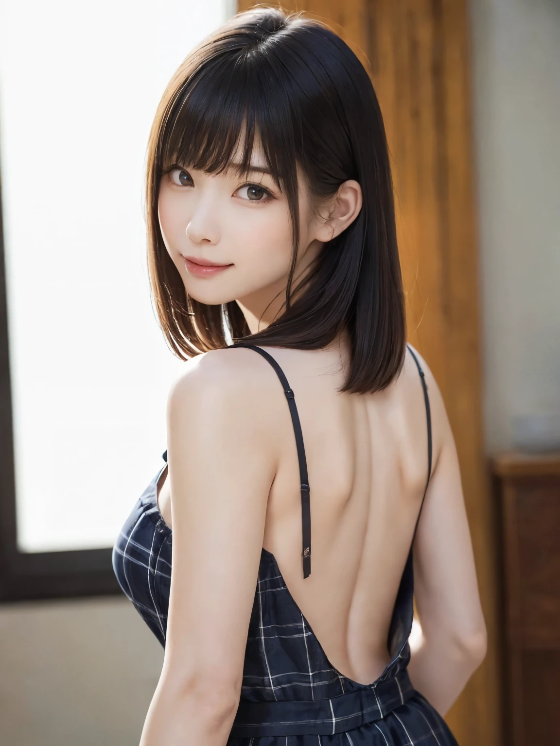 (From the back:1.4、Tabletop:1.4、highest quality:1.4、Best image quality:1.4、Cute beautiful adult woman, Adult smile:1.4、Beautiful Teeth、Lip gloss、Short Brunette Bob、Shiny shiny hair、Has shiny bangs:1.4、bangs:1.4、length, shiny shorthair、length neck:1.4、Show me your ears、Tall Supermodels、Broad shouldered supermodel、{Huge|big|Huge|Mega} chest, Beautiful chest have cleavage)、(very beautiful back、Cute school girl、Off-the-shoulder white see-through shirt、Checkered sheer loop pleated short skirt、28 years old)、Very cute and attractive woman、very beautiful back、Perfect Anatomy