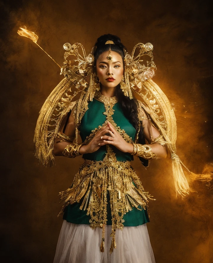 arafed image of a woman in a green dress with a gold helmet on, portrait of a digital shaman, dressed as an oracle, sci-fi tibetan fashion, avatar the last airbender, avatar kyoshi