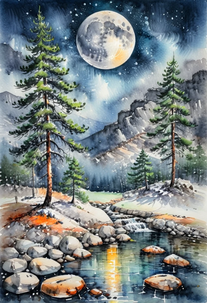 Watercolor Landscape, The bright moon shines between the pines, and the clear spring flows on the stones, After fresh rain in the empty mountains, the weather comes late in autumn, (masterpiece, best quality, Professional, perfect composition, very aesthetic, absurdres, ultra-detailed, intricate details:1.3)