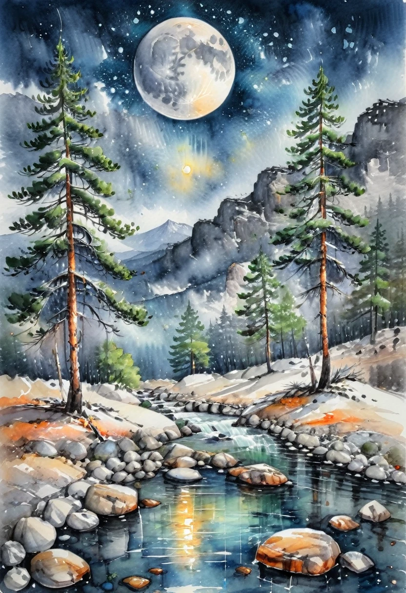 Watercolor Landscape, The bright moon shines between the pines, and the clear spring flows on the stones, After fresh rain in the empty mountains, the weather comes late in autumn, (masterpiece, best quality, Professional, perfect composition, very aesthetic, absurdres, ultra-detailed, intricate details:1.3)