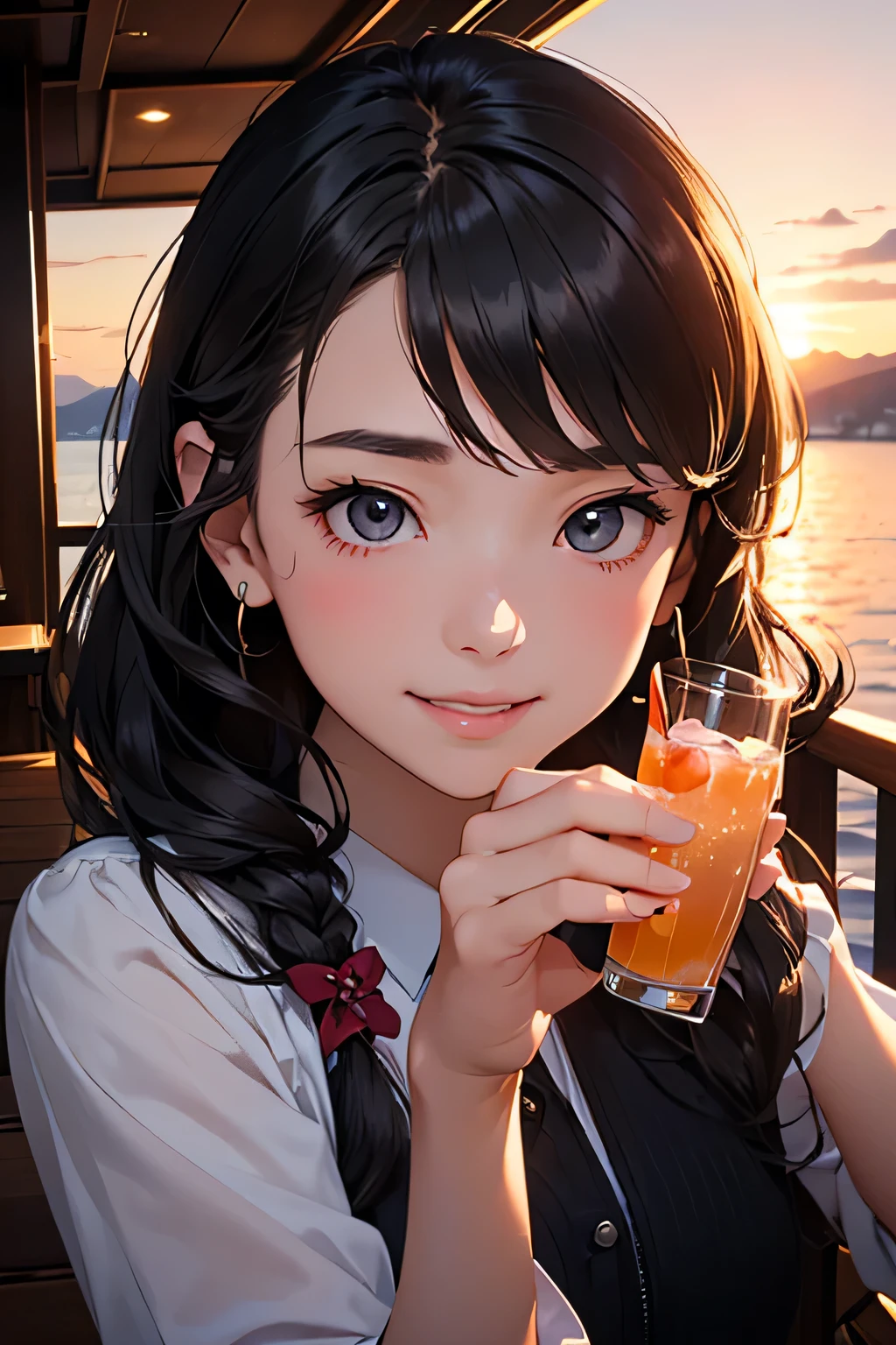 highest quality、High resolution、Detailed Background、(Beautiful face in every detail:1.4)、Anatomically correct、(Detailed facial expressions)、(Detailed eyes:1.2)、Beautiful girl in her 20s、(Highly detailed face:1.4)、cute hair color、Brown Hair、Black Hair、Bobcut、Braided long hair、Wavy Hairstyle、well-groomed eyebrows、cute eye makeup、Cute Lip Makeup、cute gesture、Elegant on board、Calm atmosphere、(Fit on one screen)、
(Two beautiful girls enjoying a girls' night out with big smiles on their faces on Elegant on board:1.5)、
(A group of friendly women gather together to take a photo in front of an elegant boat)、
They are photographed smiling, with their arms around each other and leaning against each other.、
She looks cute in gorgeous dresses and relaxed casual styles.、
(Women chatting over cocktails in the ship's bar lounge)、
They were having a lively conversation and occasionally flashing happy smiles.、
The table is decorated with stylish desserts, fruits, and gorgeous accessories.、
(Gather on the deck and chat while watching the sunset.)、
Enjoy lively conversation with smiles on your face against the backdrop of a dramatic sunset、
A heartwarming scene of friends deepening their friendship through alcohol、cute