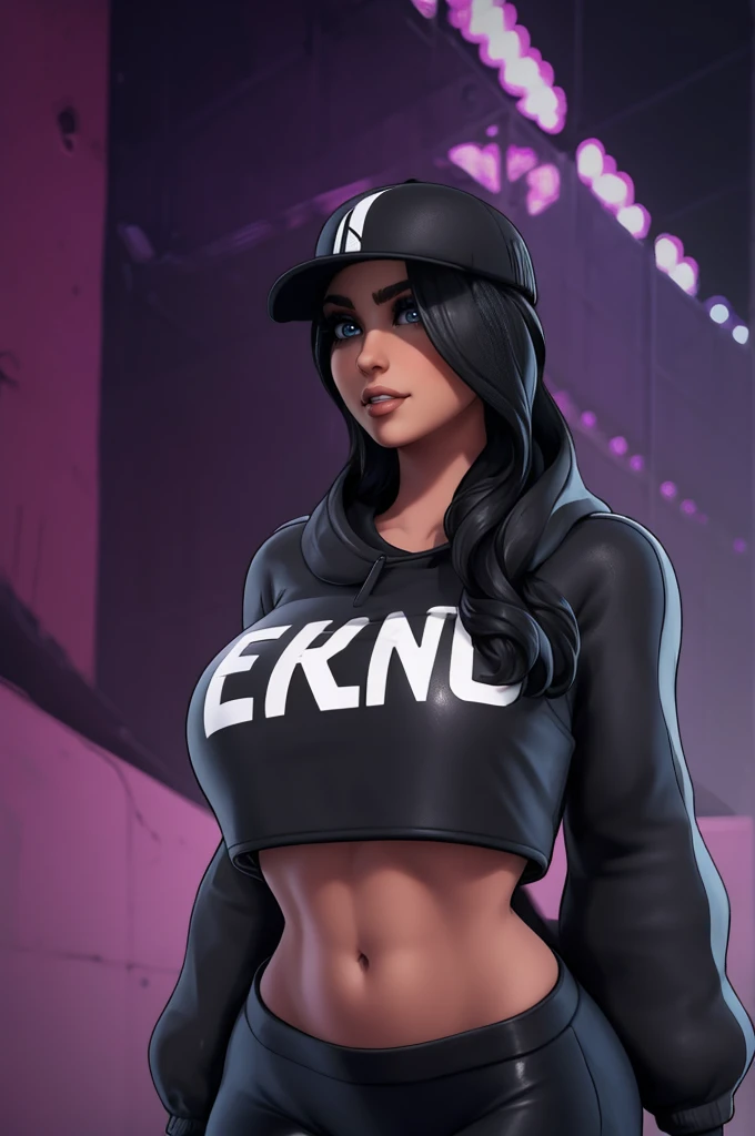 , Ruby fortnite, bone PRETO, blusa PRETA, BLACK leggings, bare abdomen, rosto detalhado, rosto perfeito, olhos detalhados, olhos castanhos, decote, cabelo marrom, dia, curvilinear, sozinho, cabelos longos, cabelo preto escuro, blusa preta,  black pants, massive  breasts 