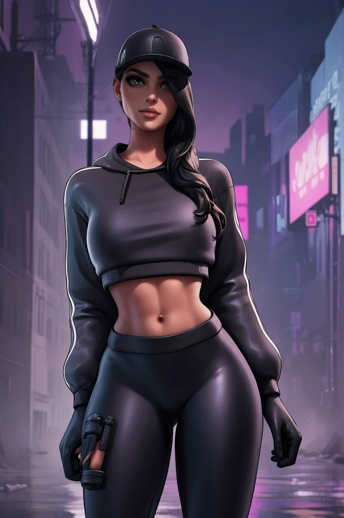 , Ruby fortnite, bone PRETO, blusa PRETA, BLACK leggings, bare abdomen, rosto detalhado, rosto perfeito, olhos detalhados, olhos castanhos, decote, cabelo marrom, dia, curvilinear, sozinho, cabelos longos, cabelo preto escuro, blusa preta,  black pants, massive  breasts 