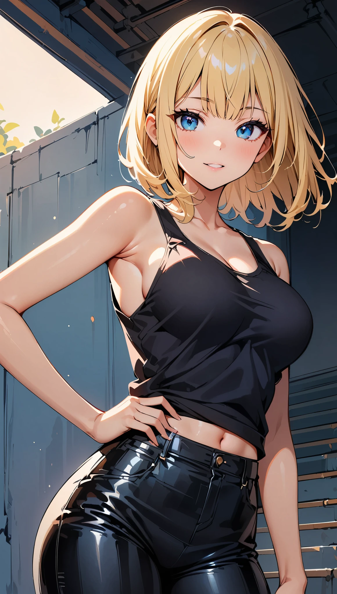 (highest quality, 4K, 8K High Resolution, masterpiece:1.2), Very detailed, one person, woman, (Blonde, Medium Hair, Bobcut, blue eyes), Standing pose, Sexy vibe, Attractive breasts, Magic Hour, (Black tank top, leather pants style), Emphasis on individuality and uniqueness, Fine and beautiful eyes, Beautiful lip detail, Long eyelashes, Bright colors, Photo Spot, In front of a white wall, Cowboy Shot, Soft and warm color palette.