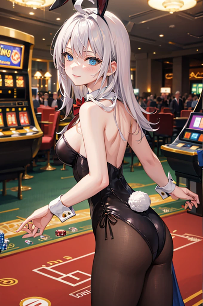 masterpiece, highres, highest quallity, illustration, cinematic light, ultra detailed, detailed face, detailed eyes, best quality, hyper detailed, masterpiece, detailed face,beautiful face,perfect body,1lady,20 years old,courtesan,blue eyes,ahoge,white hair,pov,cowboy shot,seductive posture,((motion lines)),playboy bunny,rabbit ears, black rabbit ears, fake rabbit ears, pantyhose, black pantyhose,bowtie, wrist cuffs, black leotard,casino,chandelier,roulette table,slot machine,crowd,seductive smile,sexy,looking back,holding hips by hands,cowboy shot