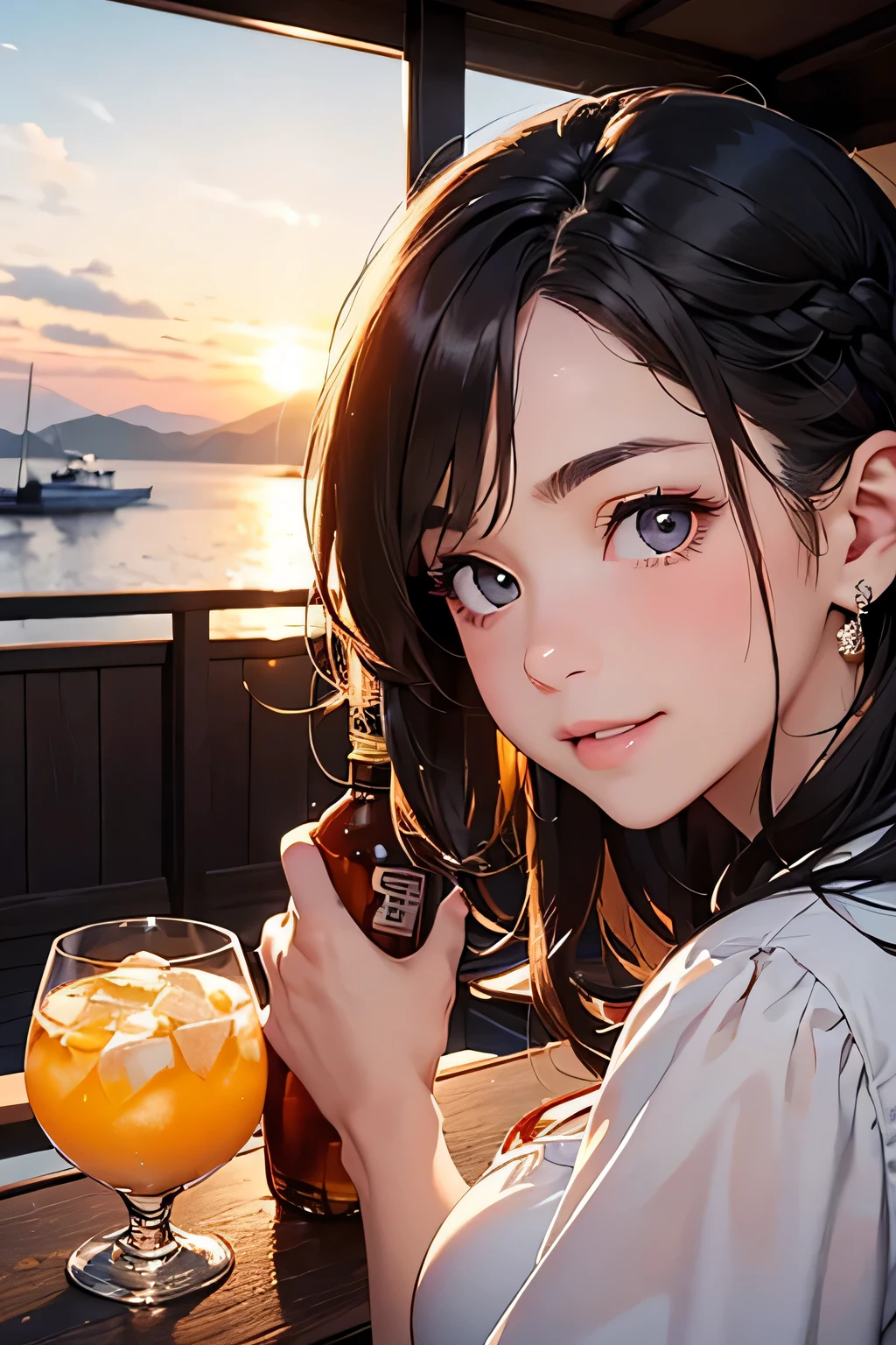 highest quality、High resolution、Detailed Background、(Beautiful face in every detail:1.4)、Anatomically correct、(Detailed facial expressions)、(Detailed eyes:1.2)、Beautiful girl in her 20s、(Highly detailed face:1.4)、cute hair color、Brown Hair、Black Hair、Bobcut、Braided long hair、Wavy Hairstyle、well-groomed eyebrows、cute eye makeup、Cute Lip Makeup、cute gesture、Elegant on board、Calm atmosphere、(Fit on one screen)、
(Two beautiful girls enjoying a girls' night out with big smiles on their faces on Elegant on board:1.5)、
(A group of friendly women gather together to take a photo in front of an elegant boat)、
They are photographed smiling, with their arms around each other and leaning against each other.、
She looks cute in gorgeous dresses and relaxed casual styles.、
(Women chatting over cocktails in the ship's bar lounge)、
They were having a lively conversation and occasionally flashing happy smiles.、
The table is decorated with stylish desserts, fruits, and gorgeous accessories.、
(Gather on the deck and chat while watching the sunset.)、
Enjoy lively conversation with smiles on your face against the backdrop of a dramatic sunset、
A heartwarming scene of friends deepening their friendship through alcohol、cute