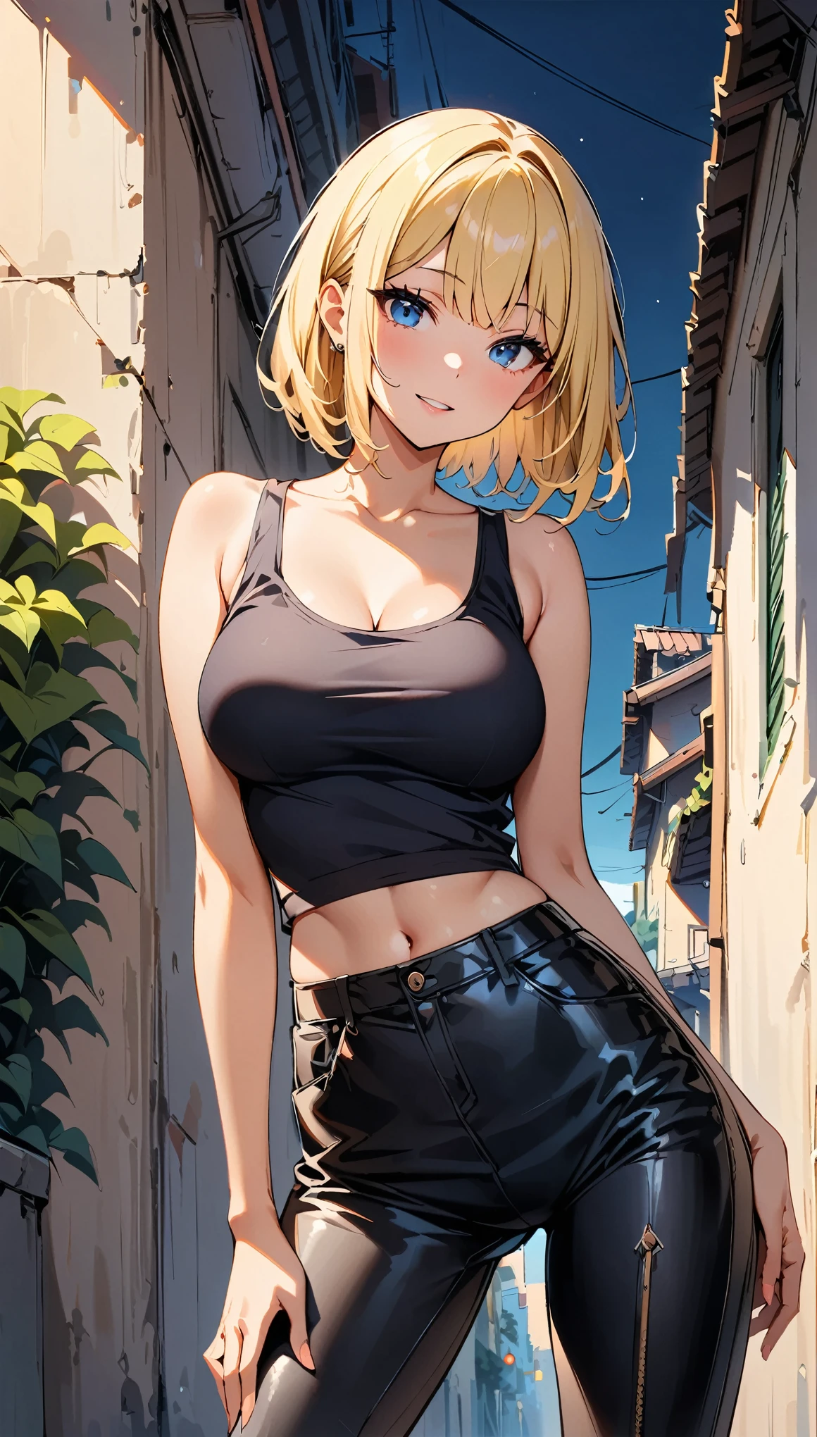 (highest quality, 4K, 8K High Resolution, masterpiece:1.2), Very detailed, one person, woman, (Blonde, Medium Hair, Bobcut, blue eyes), Standing pose, Sexy vibe, Attractive breasts, Magic Hour, (Black tank top, leather pants style), Emphasis on individuality and uniqueness, Fine and beautiful eyes, Beautiful lip detail, Long eyelashes, Bright colors, Photo Spot, In front of a white wall, Cowboy Shot, Soft and warm color palette.