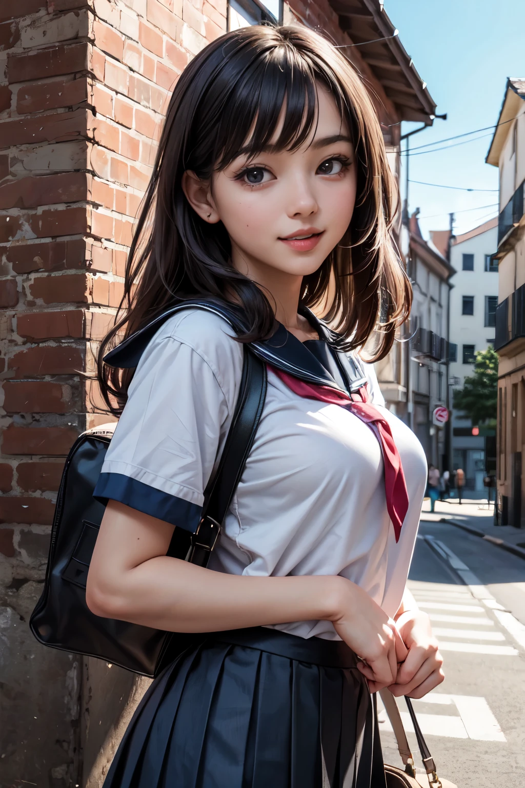 very cute and beautiful girl,(highly detailed beautiful face),(smile:1.2),looking at viewer,
black hair,serafuku,short sleeve,(pleated navyblue mini skirt),standing,holding school bag,
town street,front of brick wall,pink building,
(best quality,masterpiece),absurdres,highres,ultra-detailed,extremely detailed,32k,8k resolution,
intricate details,cinematic scene,detailed background,solo,dynamic angle,