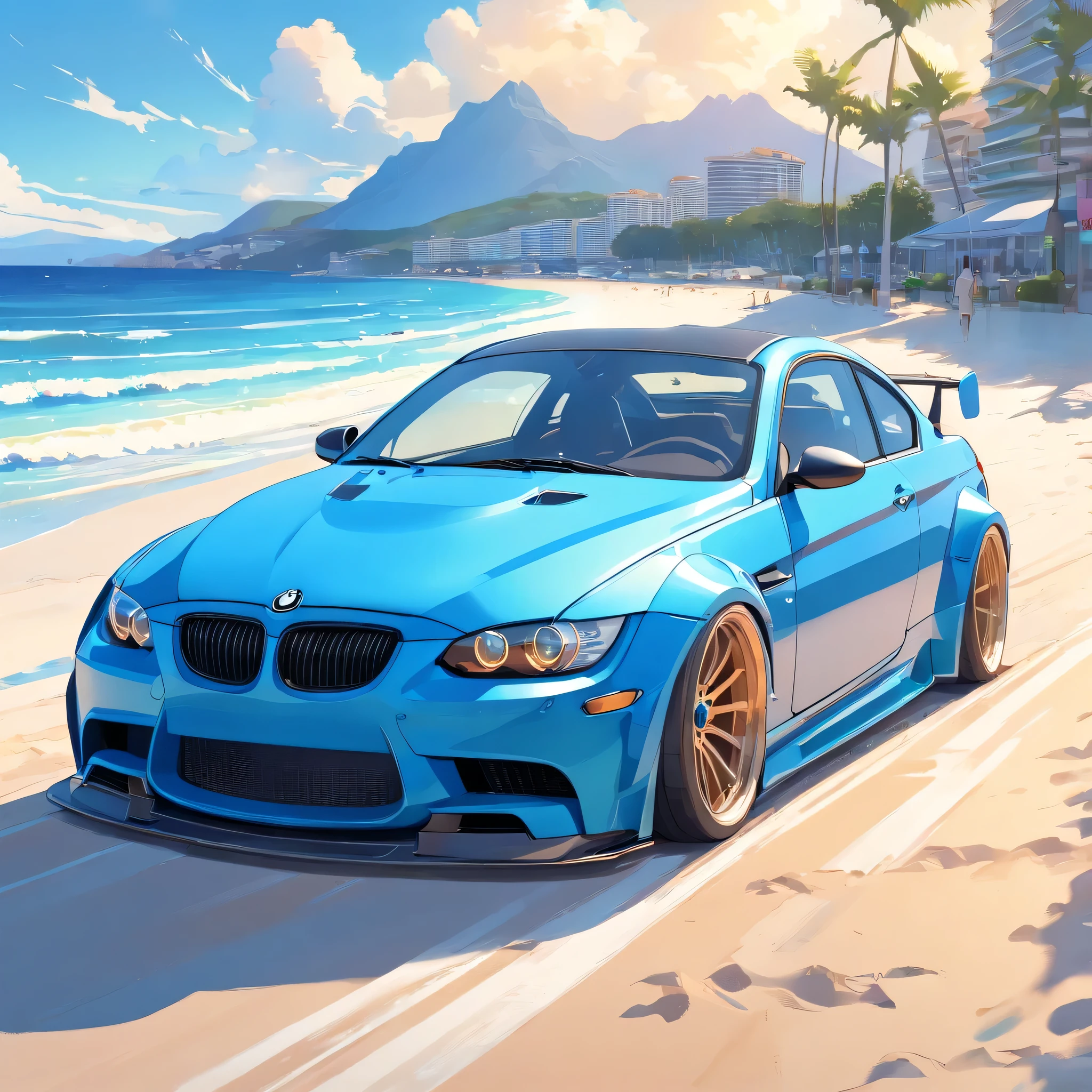 a monaco-blue bmw e92 with liberty walk bodykit, riding on beach, in sunshine morning