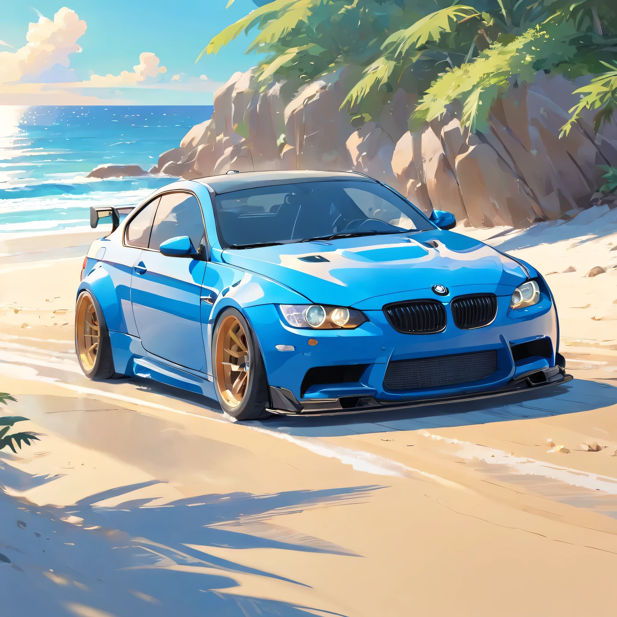 a monaco-blue bmw e92 with liberty walk bodykit, riding on beach, in sunshine morning