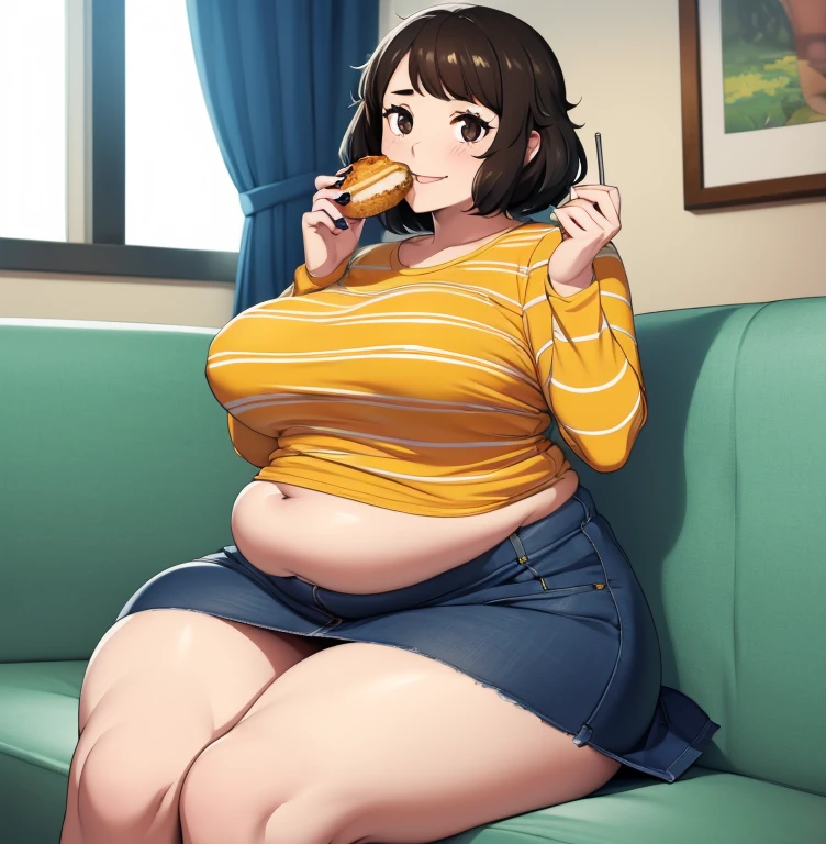 (masterpiece, best quality:1.2), 1girl, solo, looking at viewer, breasts, sadayokawakamisweater, skirt, shirt, striped, yellow striped shirt, wide thigs, chubby, big breasts, inside, sitting on sofa, sexy, feedee, fat belly, happy face, eating