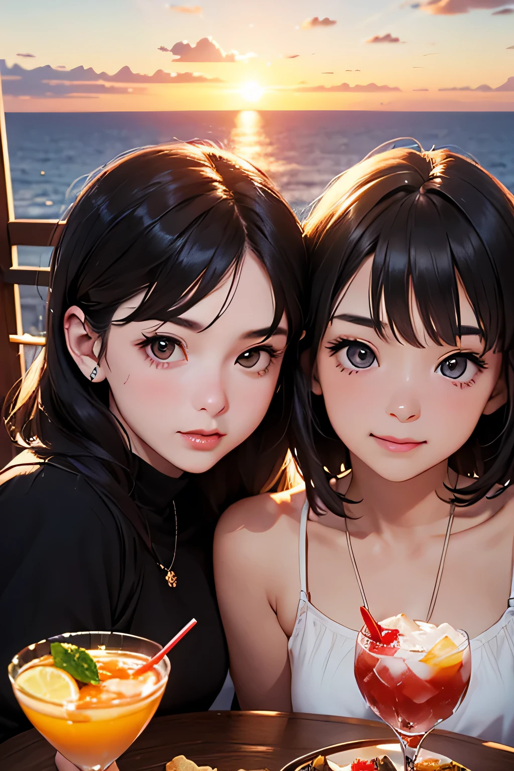 highest quality、High resolution、Detailed Background、(Beautiful face in every detail:1.4)、Anatomically correct、(Detailed facial expressions)、(Detailed eyes:1.2)、Beautiful girl in her 20s、(Highly detailed face:1.4)、cute hair color、Brown Hair、Black Hair、Bobcut、Braided long hair、Wavy Hairstyle、well-groomed eyebrows、cute eye makeup、Cute Lip Makeup、cute gesture、Elegant on board、Calm atmosphere、(Fit on one screen)、
(Two beautiful girls enjoying a girls' night out with big smiles on their faces on Elegant on board:1.5)、
(A group of friendly women gather together to take a photo in front of an elegant boat)、
They are photographed smiling, with their arms around each other and leaning against each other.、
She looks cute in gorgeous dresses and relaxed casual styles.、
(Women chatting over cocktails in the ship's bar lounge)、
They were having a lively conversation and occasionally flashing happy smiles.、
The table is decorated with stylish desserts, fruits, and gorgeous accessories.、
(Gather on the deck and chat while watching the sunset.)、
Enjoy lively conversation with smiles on your face against the backdrop of a dramatic sunset、
A heartwarming scene of friends deepening their friendship through alcohol、cute