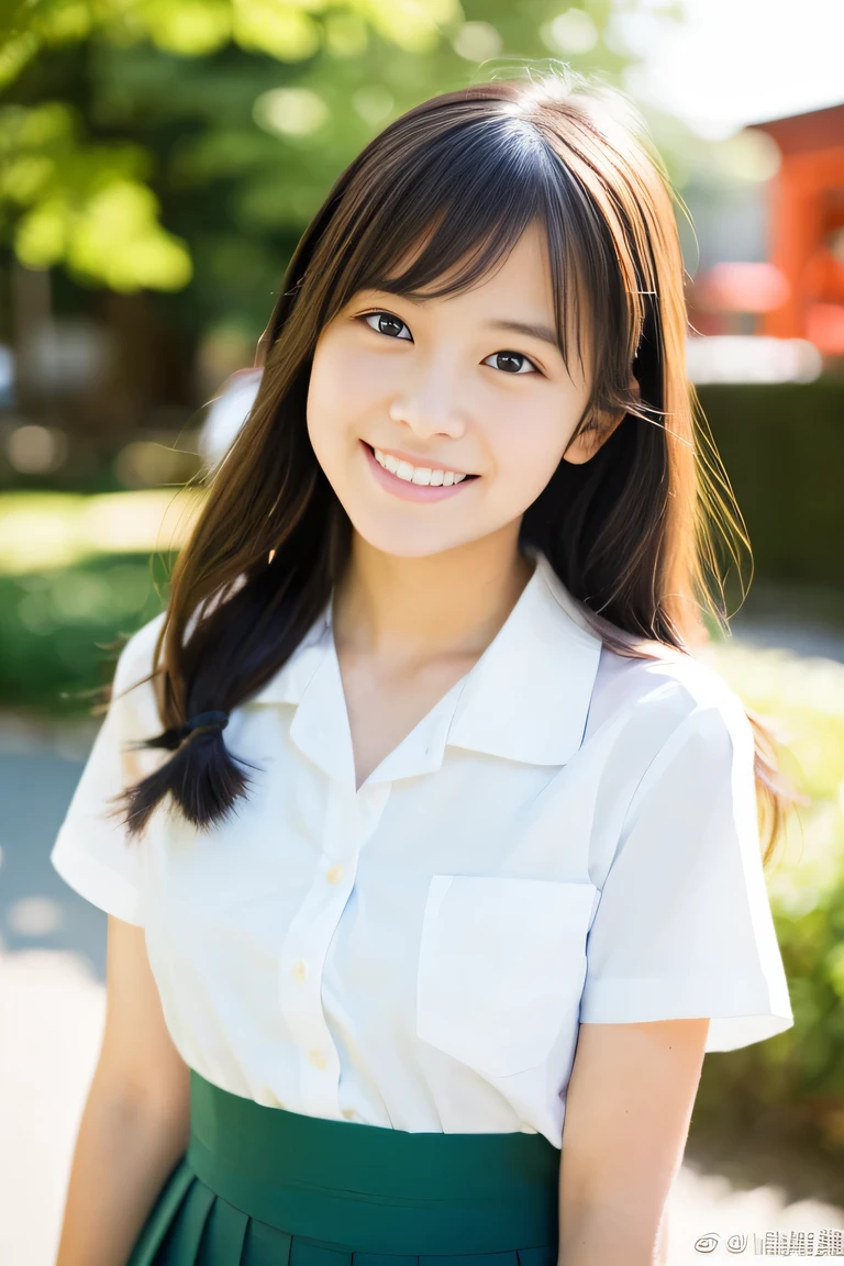 Lens 135mm f1.8, (highest quality),(RAW photo), (arms at sides:1.1), (Beautiful 15 year old Japanese girl), cute face, (deeply carved face:0.7), (freckles:0.6), dappled sunlight, , (japanese school uniform), white open shirt, (inside the school), shy, short twintails, the waist up shots , (smile),, (sparkling eyes)、,photo from the waist up,