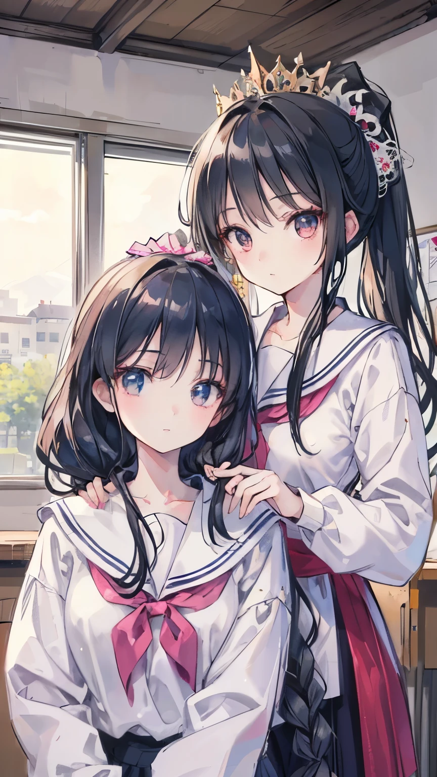 ((highest quality)), ((masterpiece)), (detailed), Perfect Face, Beautiful Face, highest quality, Ultra-high resolution natural light, Shiny skin, detailed skin, detailed face, detailed eyes, Two girls staring at each other, A girl with long black hair and a girl with a pink ponytail, Stand side by side holding hands、School classroom