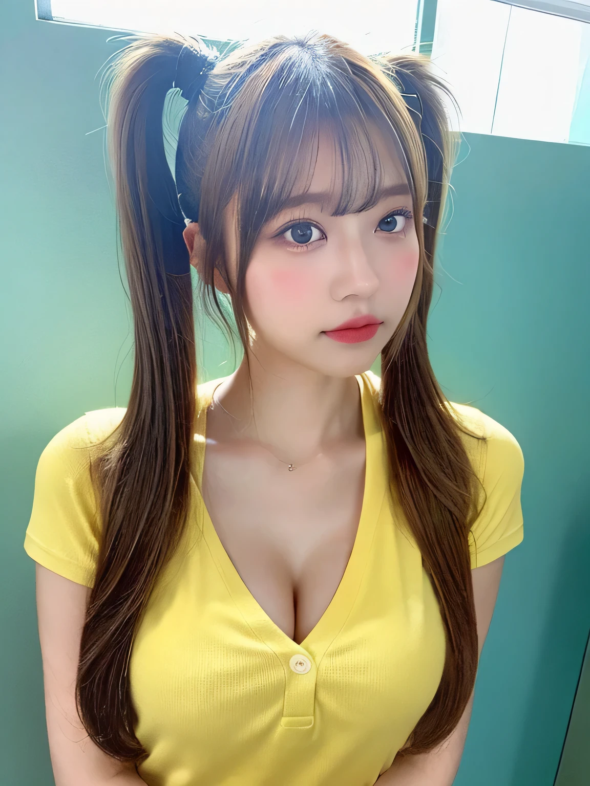 one person、Blonde、whole body photos、Yellow polo shirt、Cleavage、Green mini skirt、fun、Blonde、、whole body、slender、woman、White drool coming out of the mouth、Twin tails、 Fair skin,Super cute、Soft and Face、Brown Hair、8K resolution、Surreal、Ultra high definition、 Soft Body、A-cup small breasts((Highest resolution、8k、masterpiece:1.3))、Ultra-fine face、Ultra Fine Lips、Beautiful Eyes、double eyelid,Slender figure、I can see your thighs、Shapely small breasts、Light blue wall