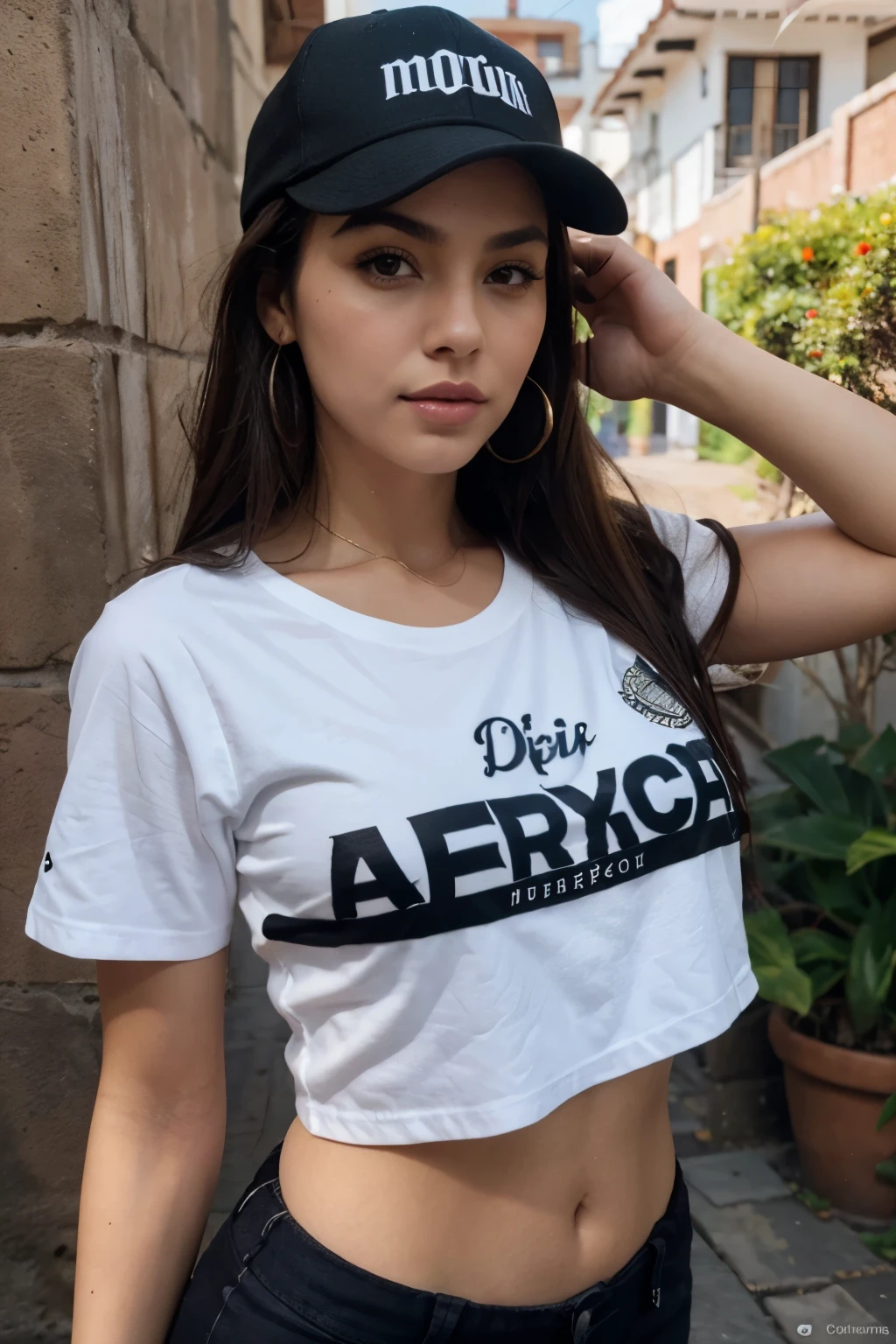 Christen Harper con una hermosa cara madura, cabello recogido, cejas grandes y tatuadas, con senos extra grandes. Mirando directamente al espectador, brunette, Representado de manera realista, wearing a black baseball cap and white t-shirt that complements his hair color, mostrando sus hombros y cuello, voluptuosa, con un bronceado acentuado y joyas elegantes, lipstick staining her lips, nariz definida, foto hiperrealista de la ciudad de Quito colonial en un dia soleado