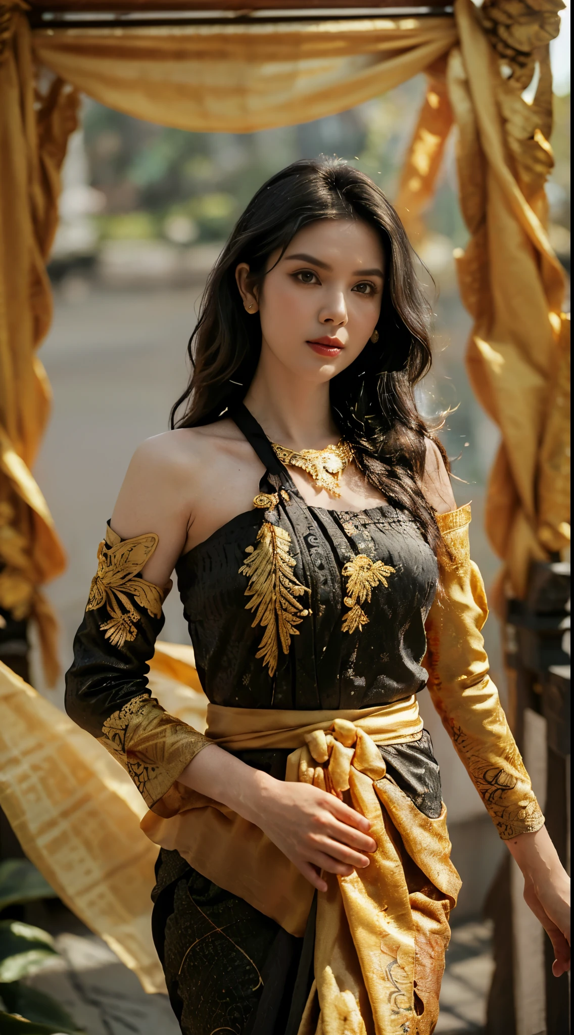 Photorealistic Production, (One Person), (Realistic Image of a 25 Years Old British Female Model), (Shoulder-level Wavy Black Hair:1.6), (Athletic Body Builds:1.4), (Pale Skin:1.4), (Wearing a batik Kebaya Dress with Silk Cloth and Golden Jeweleries:1.6), (Serious Face), (Deep Cleavage), (Elegant Pose:1.6), large breast, big tight Centered, (Waist-up Shot:1.4), Insane Details, Intricate Face Detail, Intricate Hand Details, Cinematic Shot and Lighting, Realistic Colors, Masterpiece, Sharp Focus, Ultra Detailed, Taken with DSLR camera, Realistic Photography, Depth of Field, Incredibly Realistic Environment and Scene, Master Composition and Cinematography,. Super low angle from bellow,.