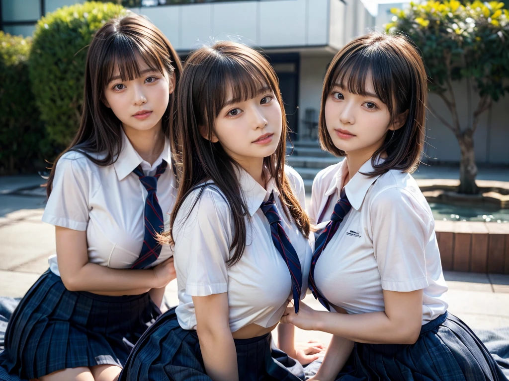 (RAW photo, 4k, masterpiece, high resolution, extremely complex) (realistic: 1.4), cinematic lighting
((2 girls, 2 schoolgirls)),Slam Dunk's,blushing,((innocent)),bright eyes,round eyes,blunt bangs,short bob hair, black hair color,black hair,large ,wide hips,Summer Noon, ,Hot, (Best Quality), (Highres), (an Extremely Delicate and Beautiful),(Beautiful 8k face),(Brown eyes),( spectators),(gigantic breasts with each other,Touching each other's bodies,Touching the body),(Japanese high school uniform:1.3),blue skirt,(reality),bright lighting,(The background is a luxury hotel room)
