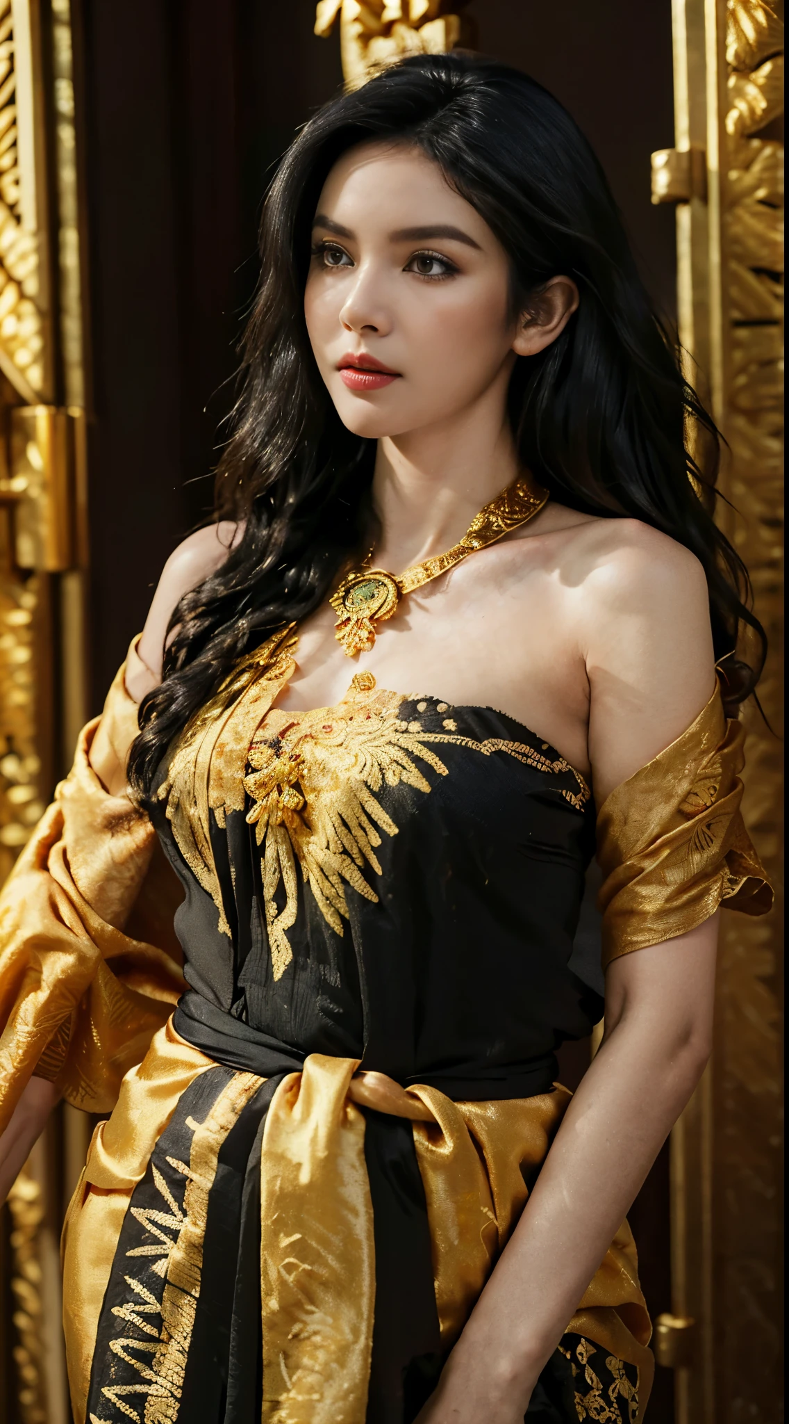 Photorealistic Production, (One Person), (Realistic Image of a 25 Years Old British Female Model), (Shoulder-level Wavy Black Hair:1.6), (Athletic Body Builds:1.4), (Pale Skin:1.4), (Wearing a batik Kebaya Dress with Silk Cloth and Golden Jeweleries:1.6), (Serious Face), (Deep Cleavage), (Elegant Pose:1.6), large breast, big tight Centered, (Waist-up Shot:1.4), Insane Details, Intricate Face Detail, Intricate Hand Details, Cinematic Shot and Lighting, Realistic Colors, Masterpiece, Sharp Focus, Ultra Detailed, Taken with DSLR camera, Realistic Photography, Depth of Field, Incredibly Realistic Environment and Scene, Master Composition and Cinematography,. Super low angle from bellow,.