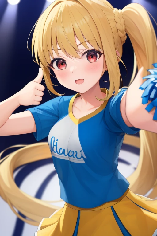 (masterpiece, highest quality:1.2), Blonde girl with red eyes,
Side Ponytail, Full Bang, cheerleader,thumbs up
,Looks confused, on stage, Super detaileded, highest quality, Expressive eyes, Perfect Face, super high quality, Super detailed