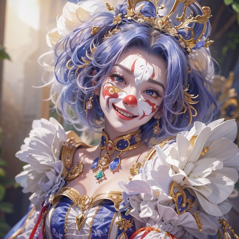 Hiding in the castle、Hair flow、 ((highest quality、masterpiece、8k、Best image quality、Ultra-high resolution、Award-winning works)、(Accurate anatomy:1.1)、(Look at me and smile:1.1)、Shining fair skin with Ultra-high resolution、The most detailed face、Ultra-high resolution detailed face、Ultra-high resolutionの髪の毛、(Ultra-high resolutionの煌めく瞳:1.1)、Beautiful face drawn in every detail、Cheerful clown costume, Chest to chest, Colorful Makeup、Half-masked at a masquerade ball