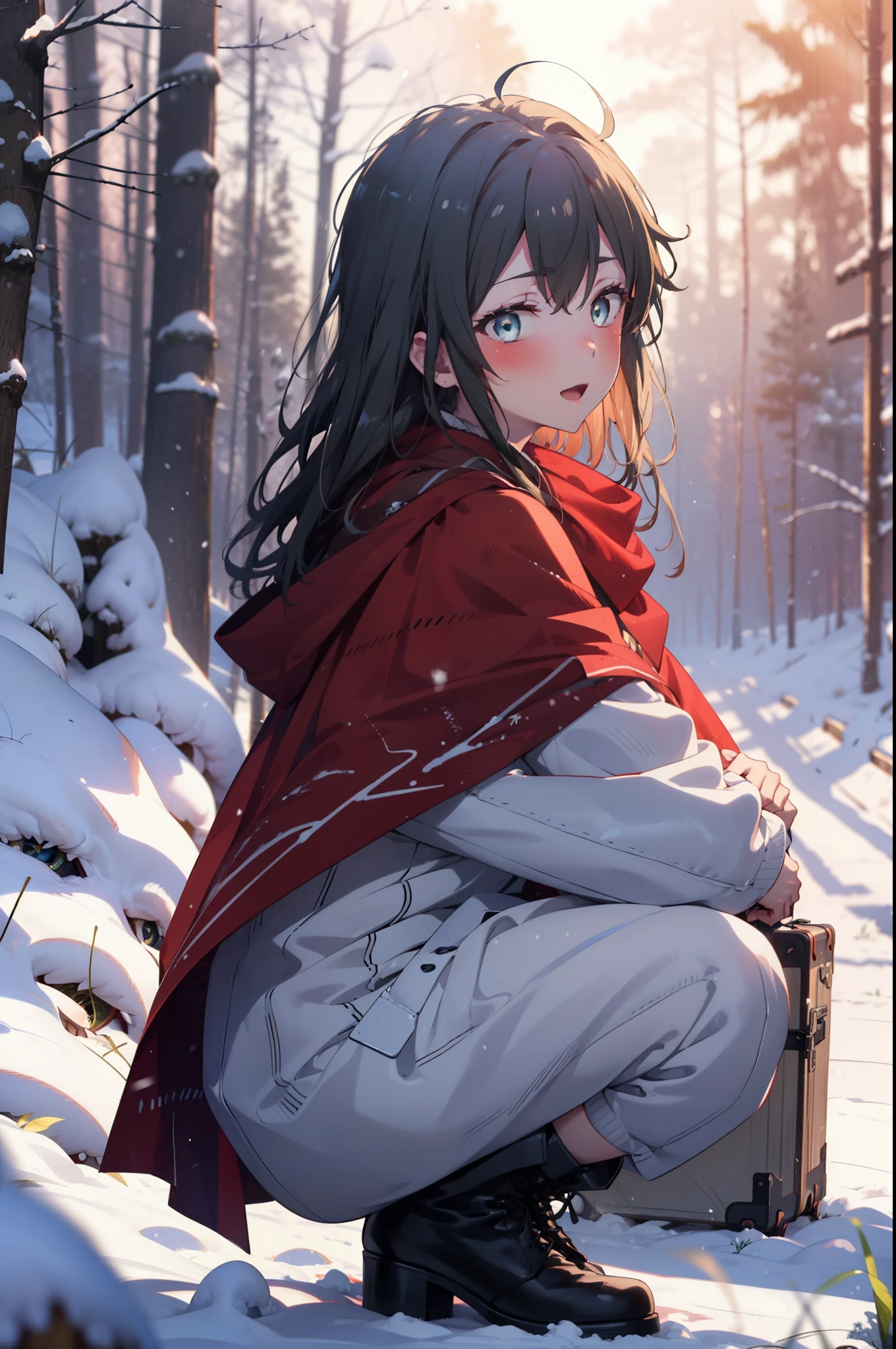 yukinoyukinoshita, yukino yukinoshita, Black Hair, blue eyes, Long Hair, Ahoge,smile,blush,White Breath,
Open your mouth,snow,Ground bonfire, Outdoor, boots, snowing, From the side, wood, suitcase, Cape, Blurred, Increase your meals, forest, White handbag, nature,  Squat, Mouth closed, フードed Cape, winter, Written boundary depth, Black shoes, red Cape break looking at viewer, Upper Body, whole body, break Outdoor, forest, nature, break (masterpiece:1.2), highest quality, High resolution, unity 8k wallpaper, (shape:0.8), (Beautiful and beautiful eyes:1.6), Highly detailed face, Perfect lighting, Highly detailed CG, (Perfect hands, Perfect Anatomy),