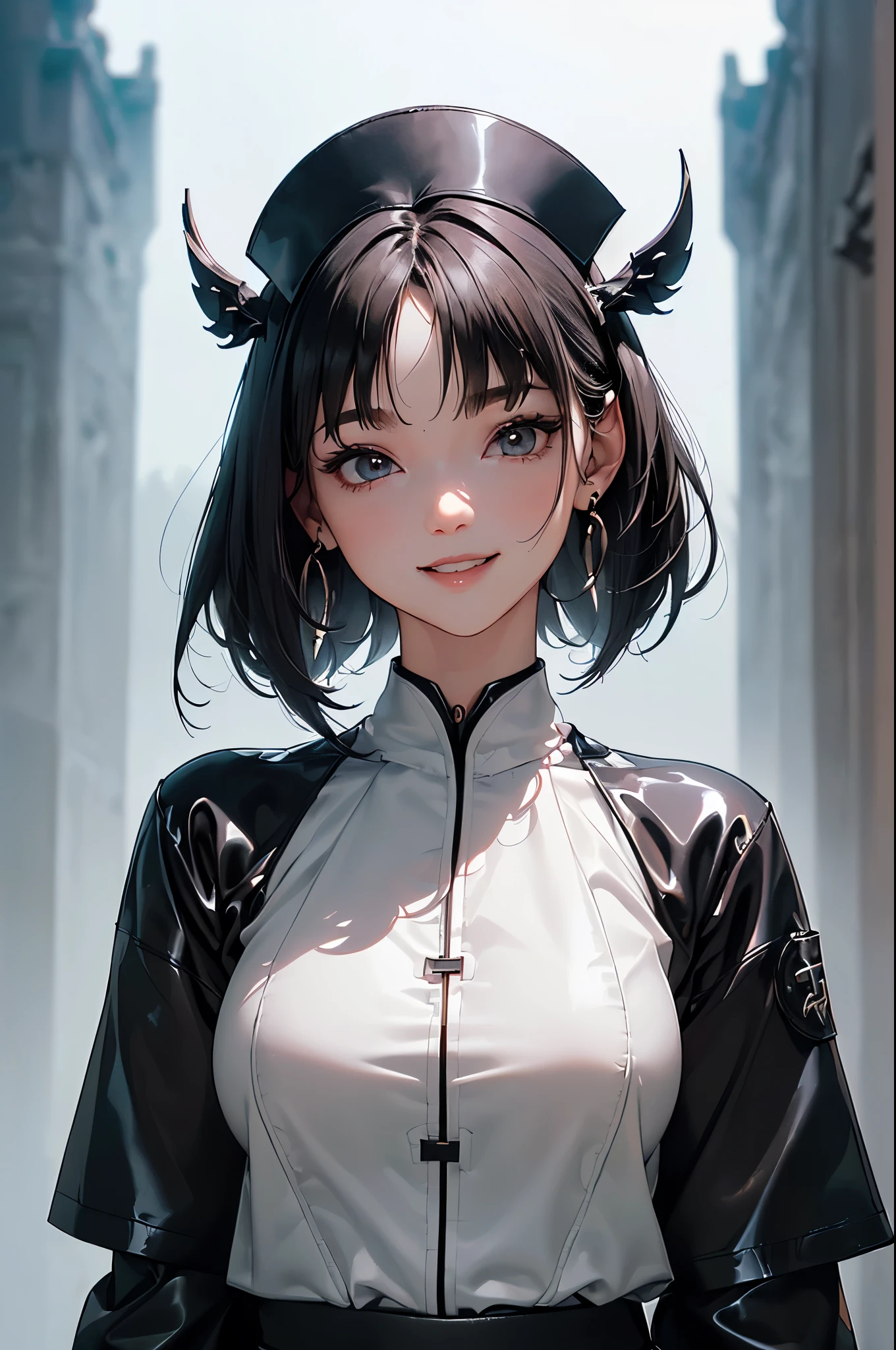((Biologically correct limb count))、((Full Body Shot, Full-body photo including face、Head to toe photos))、4K、masterpiece、((Focus on the face))、((Symmetrical facial features))、Eyes of meticulous depiction、Beautiful woman、Excellent style、Beautiful feet、(Black Stockings、High heels with anklets)、Detailed depiction of the face、Small earrings、necklace、((Close-up photo of the upper body))、(black latex shirt、Latex skirt、Nurse uniform)、Scenery of the old castle、(Low - Angle)、(smile)、((Thick morning fog all around)、I can't see anything around me)、
