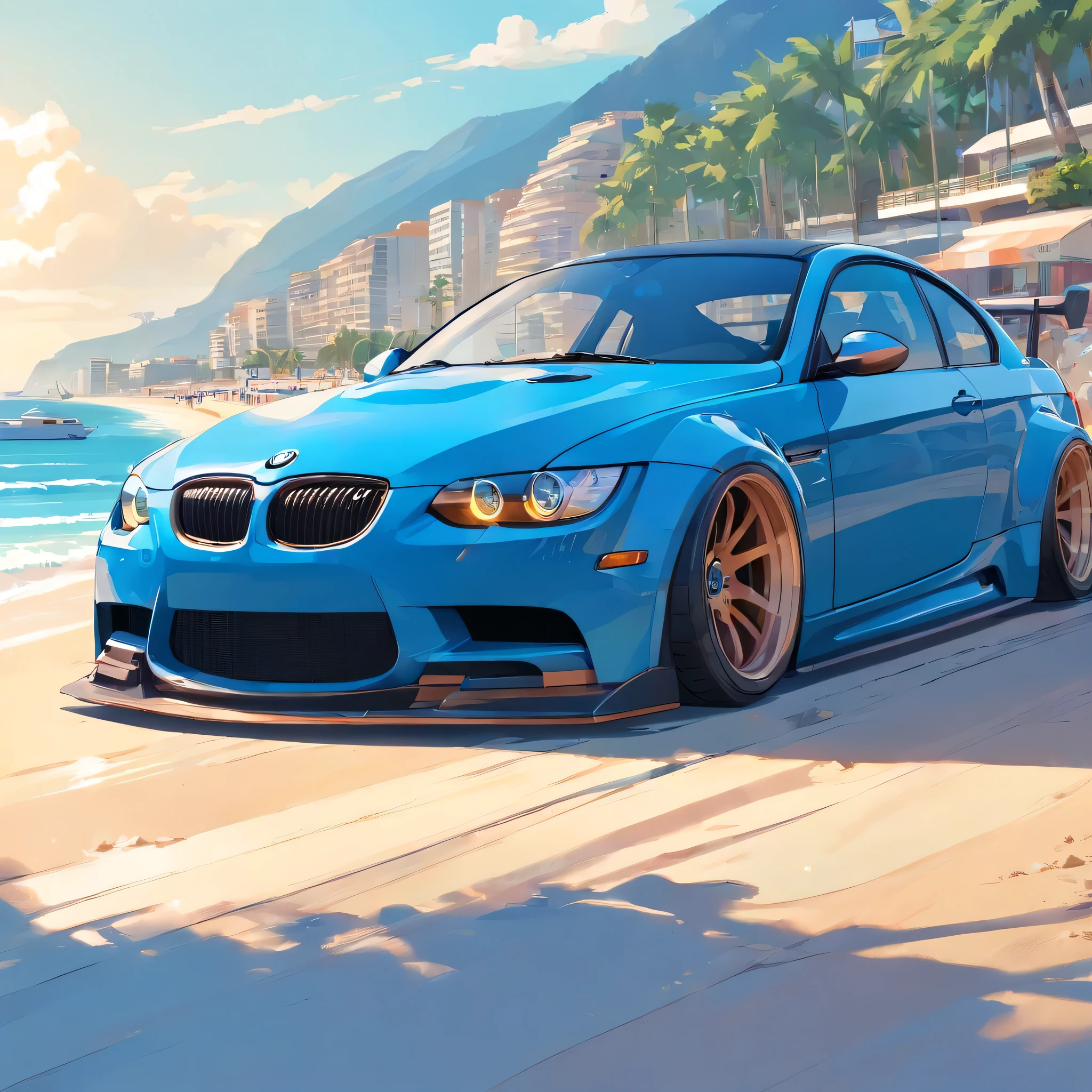 a monaco-blue bmw e92 with liberty walk bodykit, riding on beach, in sunshine morning