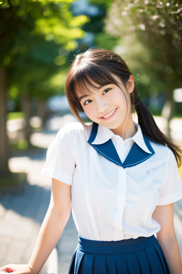Lens 135mm f1.8, (highest quality),(RAW photo), (arms at sides:1.1), (Beautiful 15 year old Japanese girl), cute face, (deeply carved face:0.7), (freckles:0.6), dappled sunlight, , (japanese school uniform), white open shirt, (inside the school), shy, short twintails, the waist up shots , (smile),, (sparkling eyes)、,photo from the waist up,