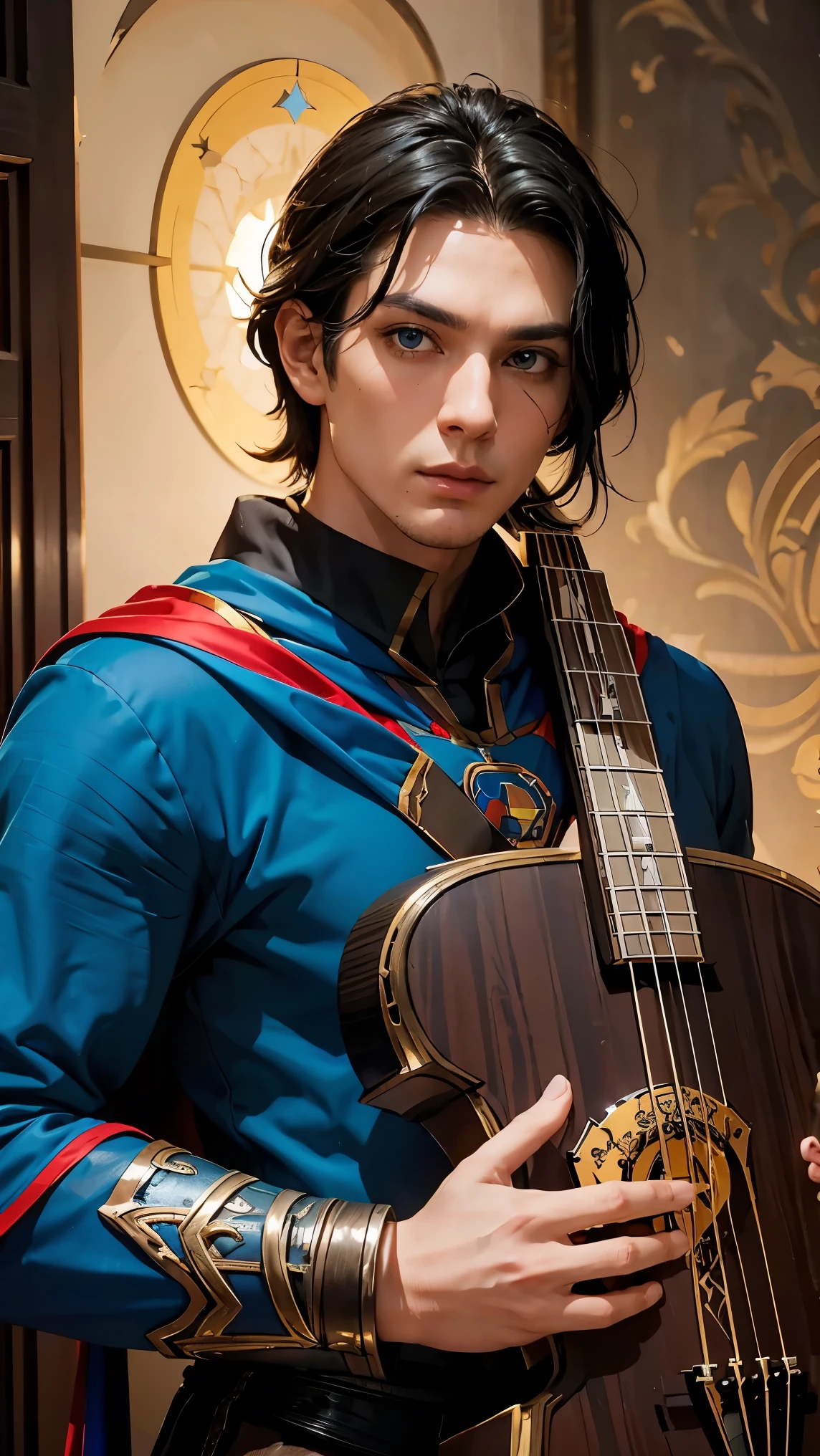 best quality, masterpiece, realistic, 1 man, a scourge Aasimar in DND setting, 
, (((bard costume(inspired by superman:0.85)))) ,  blue eyes, black hair, male focus, manbun, dimple, freckle