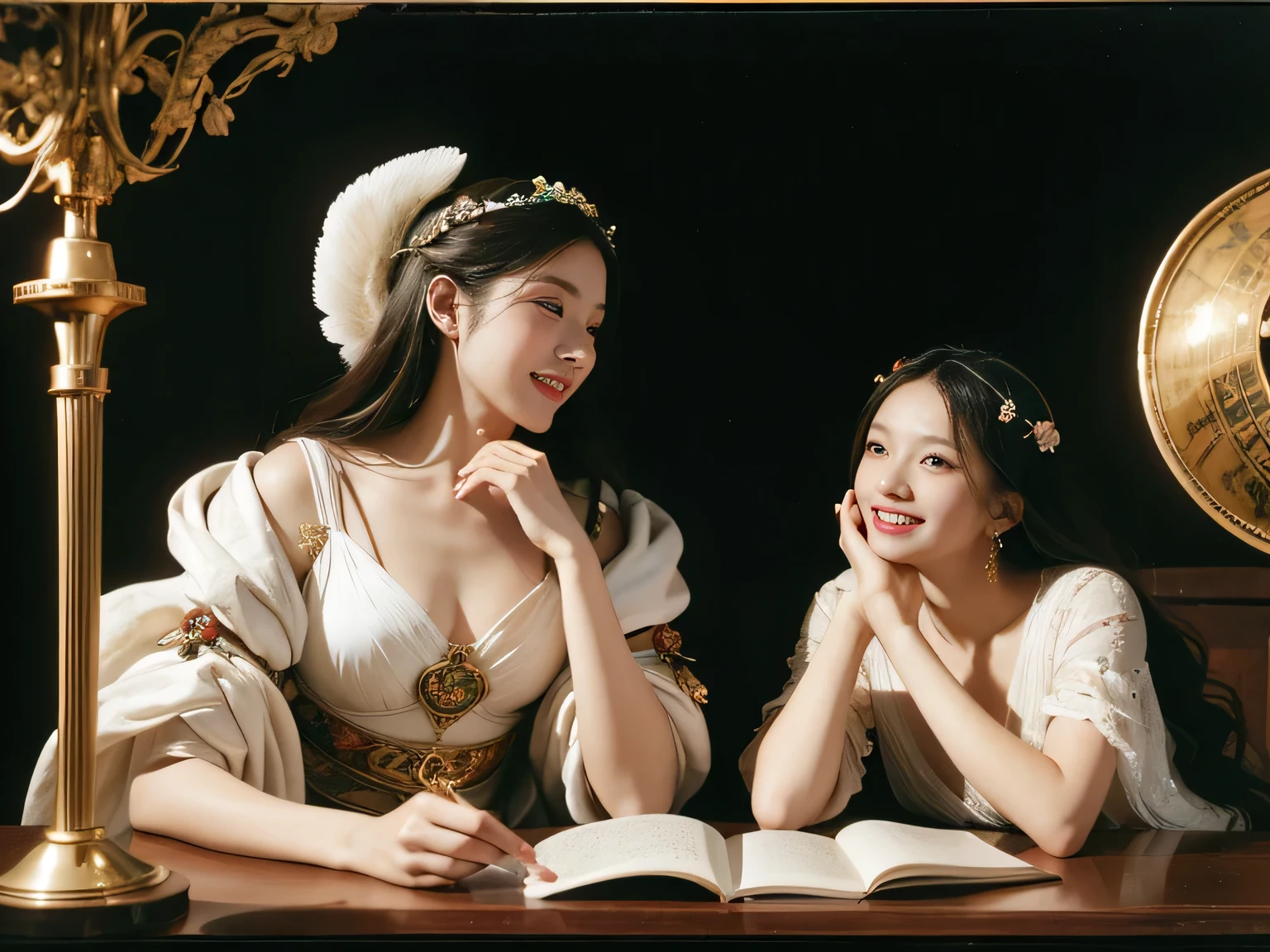 female mathematician、ancient greek costume、Astronomical machinery、antique、smile、、Sweet and enchanting appearance、Caravaggio's paintings、Caravaggio's chiaroscuro、、キュートなsmile、expression of ecstasy、??????、sexy
