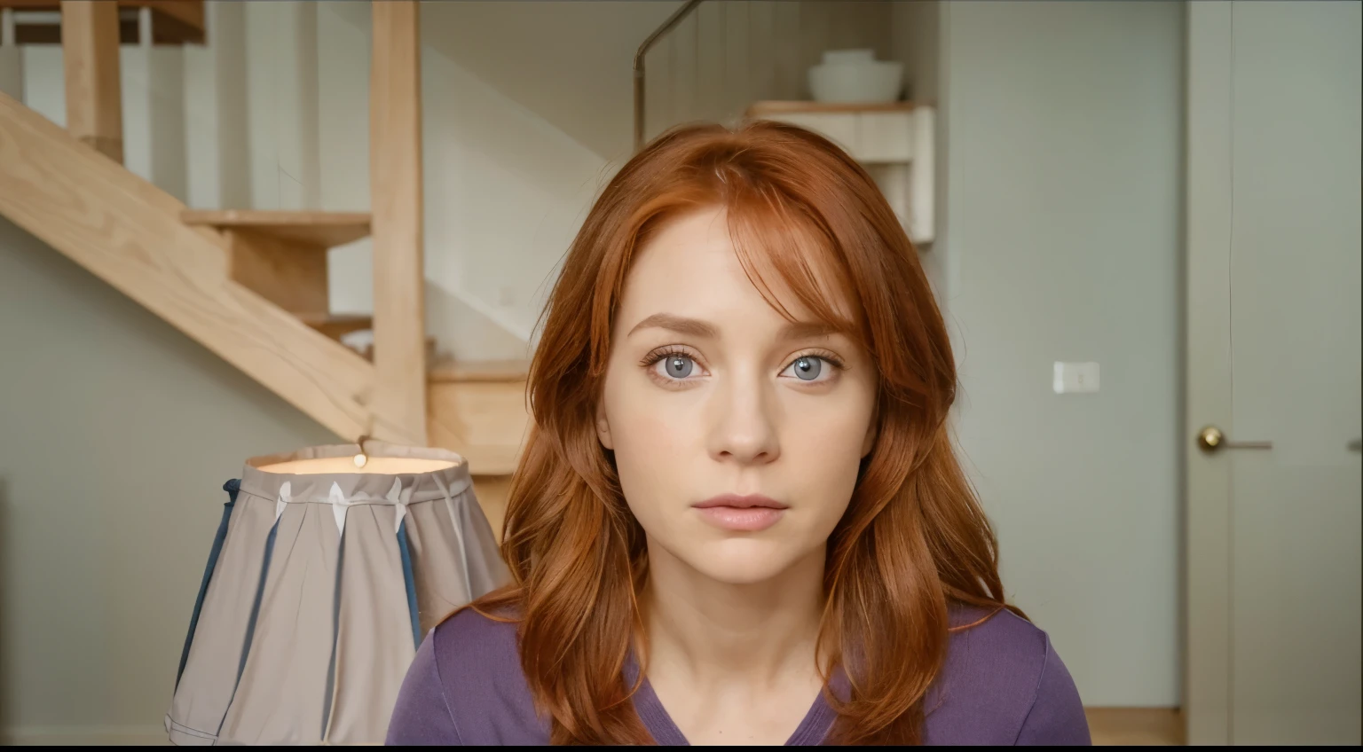A Realistic scene of a white woman that is middle age appearing to be 40 years old, with gray eyes, & is a redhead 
in a purple shirt burgundy red undershirt with blue jeans. Having the facial appearance of Dana Scully, standing with a shocked expression as she looks with a downward gaze. In the background, include a hint of a homey interior with a staircase leading upwards and a lamp that is a prat of the background, suggesting a story beyond the frame.