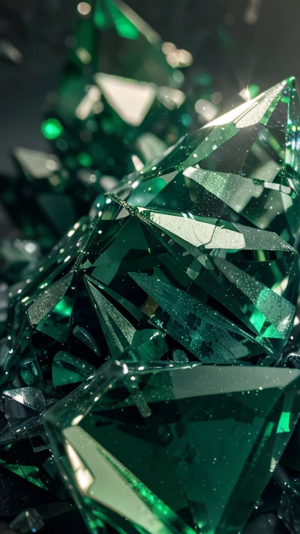 close up of green glass shards, emerald, green crystal, emerald crafts, glowing green crystals, light green glassy crystal shards, dark green glass, malachite, emerald color palette, emerald jewelry, outlet , crystals on the wall, facets, scattered glass shards, facets, crystallized, dimly glowing crystals