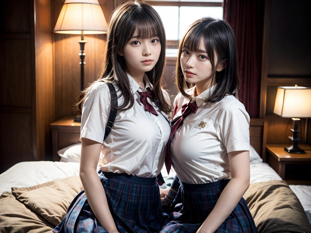 (RAW photo, 4k, masterpiece, high resolution, extremely complex) (realistic: 1.4), cinematic lighting
 ((2 girls, 2 schoolgirls)),Slam Dunk's,blushing,((innocent)),bright eyes,round eyes,blunt bangs,short bob hair, black hair color,black hair,large breasts,wide hips,Summer Noon, ,Hot, (Best Quality), (Highres), (an Extremely Delicate and Beautiful),(Beautiful 8k face),(Brown eyes),( spectators),(gigantic breasts),(Play with each other,Touching each other's bodies,Touching the body),(Japanese high school uniform:1.3),blue skirt,(reality),bright lighting,(The background is a luxury hotel room)