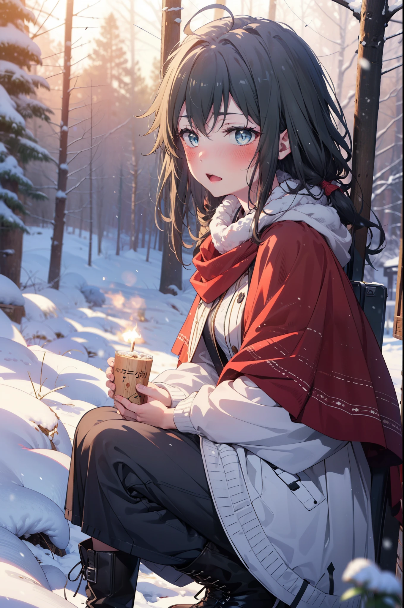 yukinoyukinoshita, yukino yukinoshita, Black Hair, blue eyes, Long Hair, Ahoge,smile,blush,White Breath,
Open your mouth,snow,Ground bonfire, Outdoor, boots, snowing, From the side, wood, suitcase, Cape, Blurred, Increase your meals, forest, White handbag, nature,  Squat, Mouth closed, フードed Cape, winter, Written boundary depth, Black shoes, red Cape break looking at viewer, Upper Body, whole body, break Outdoor, forest, nature, break (masterpiece:1.2), highest quality, High resolution, unity 8k wallpaper, (shape:0.8), (Beautiful and beautiful eyes:1.6), Highly detailed face, Perfect lighting, Highly detailed CG, (Perfect hands, Perfect Anatomy),