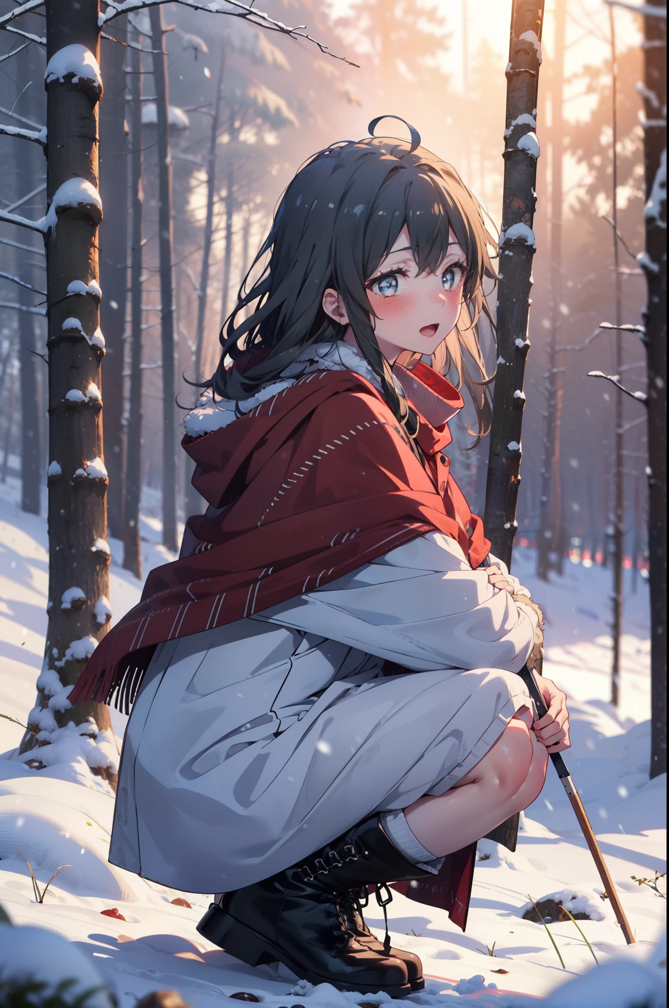 yukinoyukinoshita, yukino yukinoshita, Black Hair, blue eyes, Long Hair, Ahoge,smile,blush,White Breath,
Open your mouth,snow,Ground bonfire, Outdoor, boots, snowing, From the side, wood, suitcase, Cape, Blurred, Increase your meals, forest, White handbag, nature,  Squat, Mouth closed, フードed Cape, winter, Written boundary depth, Black shoes, red Cape break looking at viewer, Upper Body, whole body, break Outdoor, forest, nature, break (masterpiece:1.2), highest quality, High resolution, unity 8k wallpaper, (shape:0.8), (Beautiful and beautiful eyes:1.6), Highly detailed face, Perfect lighting, Highly detailed CG, (Perfect hands, Perfect Anatomy),