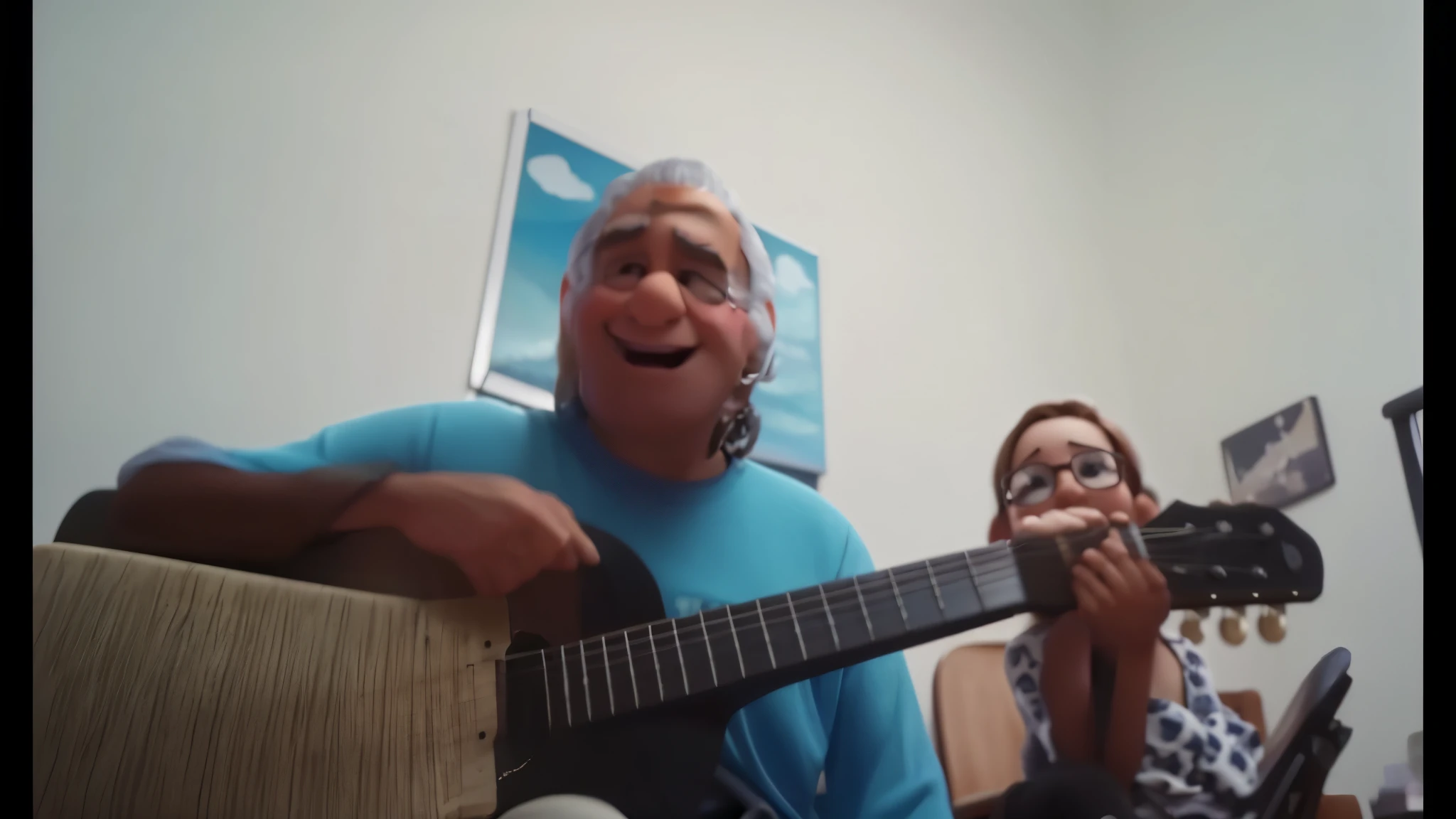 Disney pixar style, man sitting playing guitar, woman clapping.