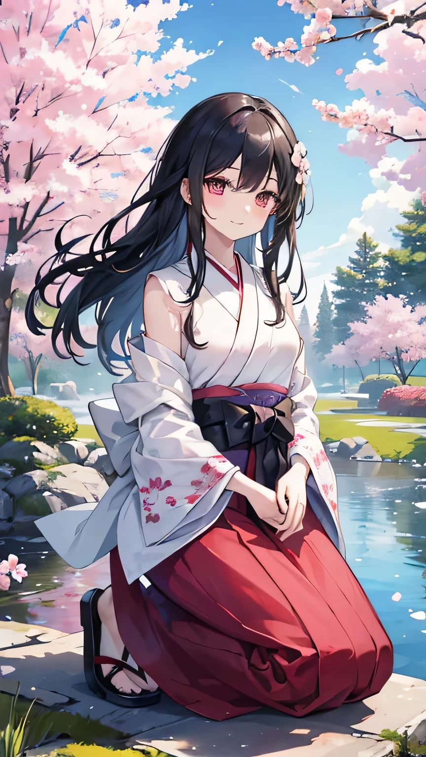 Early 20s,woman,Average height(Approximately 160cm),Slim and supple figure,Black Hair,Long Straight Hair,With bangs,Hair is depicted as if it is gently swaying in the wind.,Dark brown eye color,kimono(kimono),Elegant and calm design,The color is a combination of pale pink and white.,With floral embroidery,A thin belt is tied around the waist,A gentle smile,A calm and friendly look,The cute smile she sometimes shows,A scene of flowers being taken care of in the garden,On one knee、He has a small pair of pruning shears in his hand,Touching a flower with the other hand,Beautiful Japanese Garden,The season is spring、Cherry blossoms are blooming,A pond and stone lanterns can be seen in the background.,Delicate and neat atmosphere,In harmony with nature、A presence that enhances the beauty of the garden