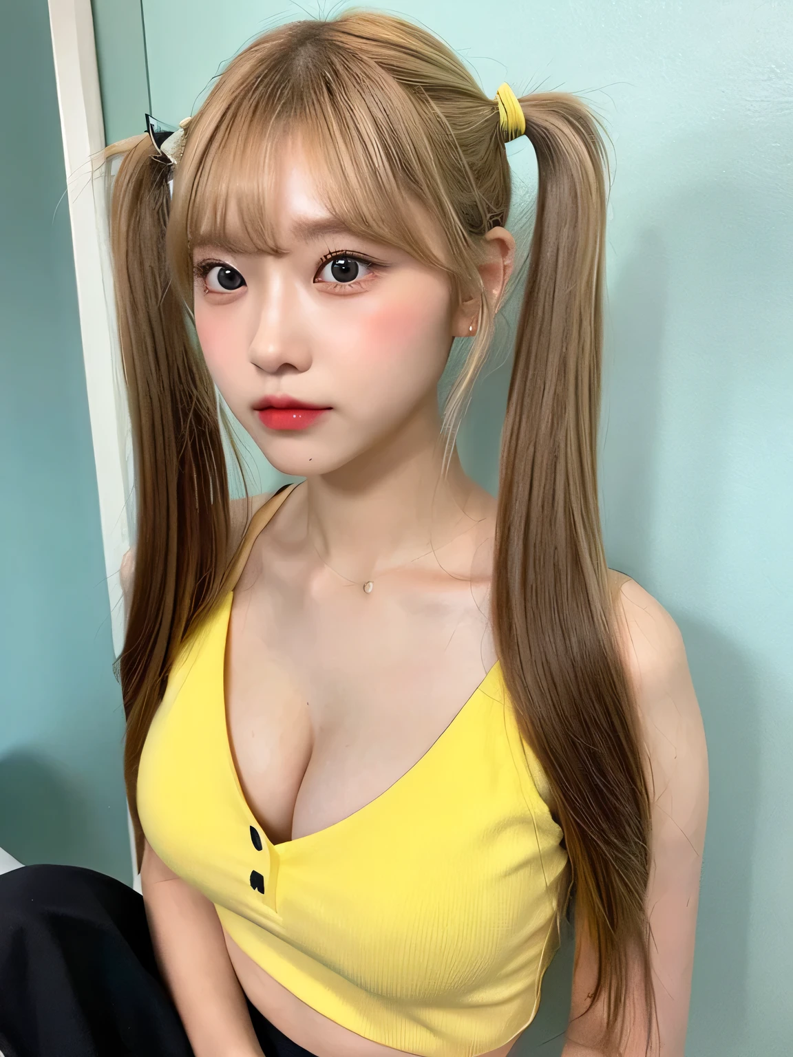one person、Blonde、whole body photos、Yellow polo shirt、Cleavage、Red mini skirt、fun、Blonde、、whole body、slender、woman、White drool coming out of the mouth、Twin tails、 Fair skin,Super cute、Soft and Face、Brown Hair、8K resolution、Surreal、Ultra high definition、 Soft Body、A-cup small breasts((Highest resolution、8k、masterpiece:1.3))、Ultra-fine face、Ultra Fine Lips、Beautiful Eyes、double eyelid,Slender figure、I can see your thighs、Shapely small breasts、Light blue wall