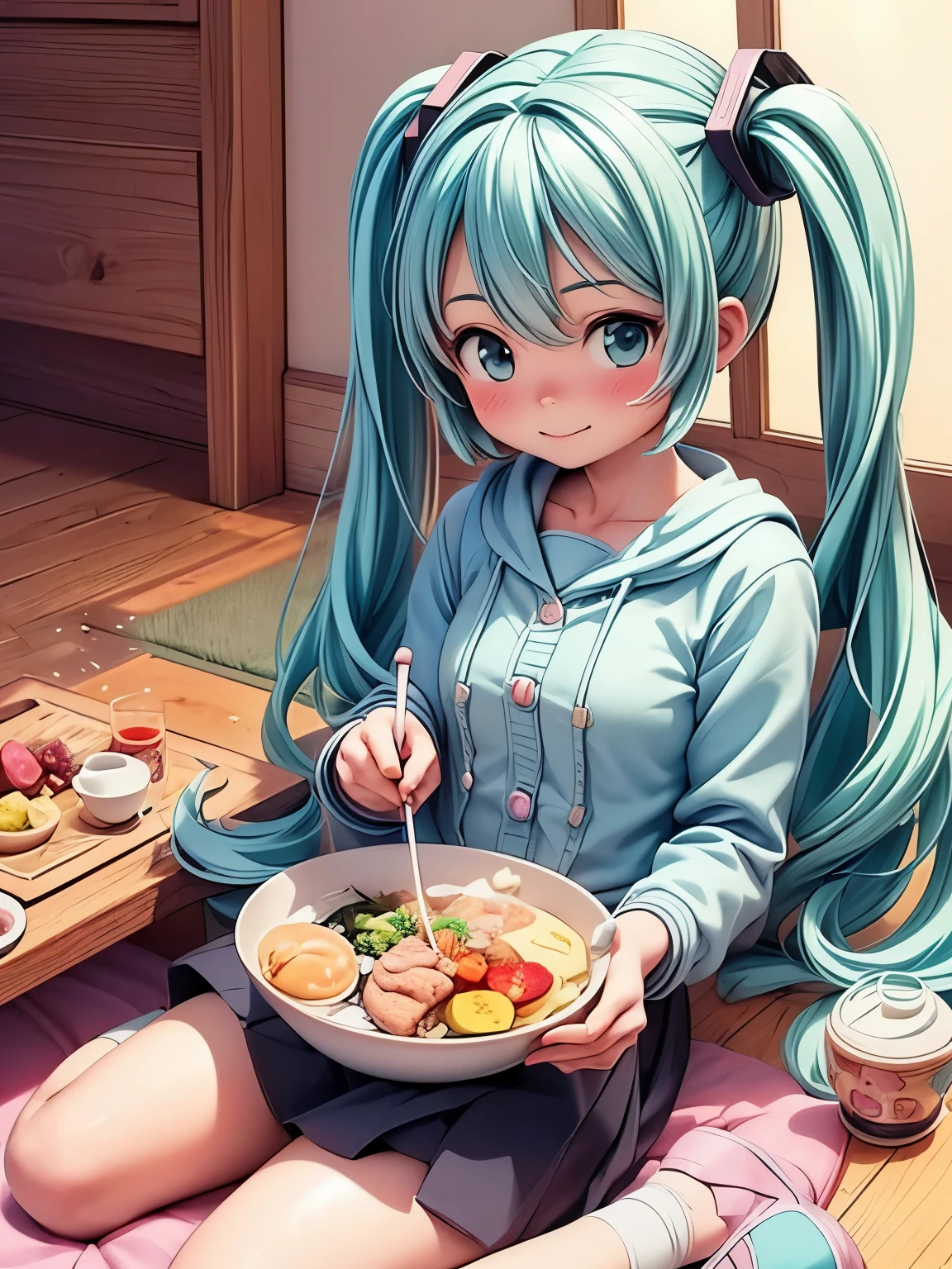 (masterpiece、highest quality、highest quality、Official Art、Beautiful and beautiful:1.2)、(One girl:1.3)Hatsune Miku、Twin tails,Big Breasts,(Eat a meal in a kotatsu、Anime girl drinking tea, Pixiv, Cute Anime, In Pixiv, Anime Food, Cute Animeの猫娘, Anime Wallpaper, , trending in Pixiv, hd Anime Wallpaper, Cute Animeの女の子, Cute girl anime visuals, Anime Moe Art Style, Anime Background, Anime Style 4k, Asuka