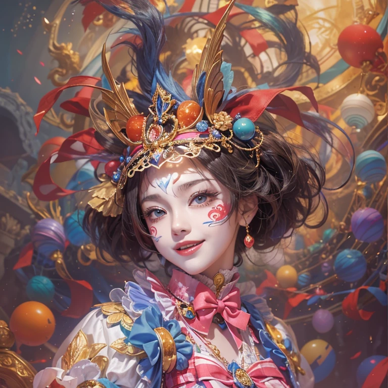 Hiding in the castle、Hair flow、 ((highest quality、masterpiece、8k、Best image quality、Ultra-high resolution、Award-winning works)、(Accurate anatomy:1.1)、(Look at me and smile:1.1)、Shining fair skin with Ultra-high resolution、The most detailed face、Ultra-high resolution detailed face、Ultra-high resolutionの髪の毛、(Ultra-high resolutionの煌めく瞳:1.1)、Beautiful face drawn in every detail、Cheerful clown in a colorful costume, Chest to chest, Masquerade、Wear a Venetian mask